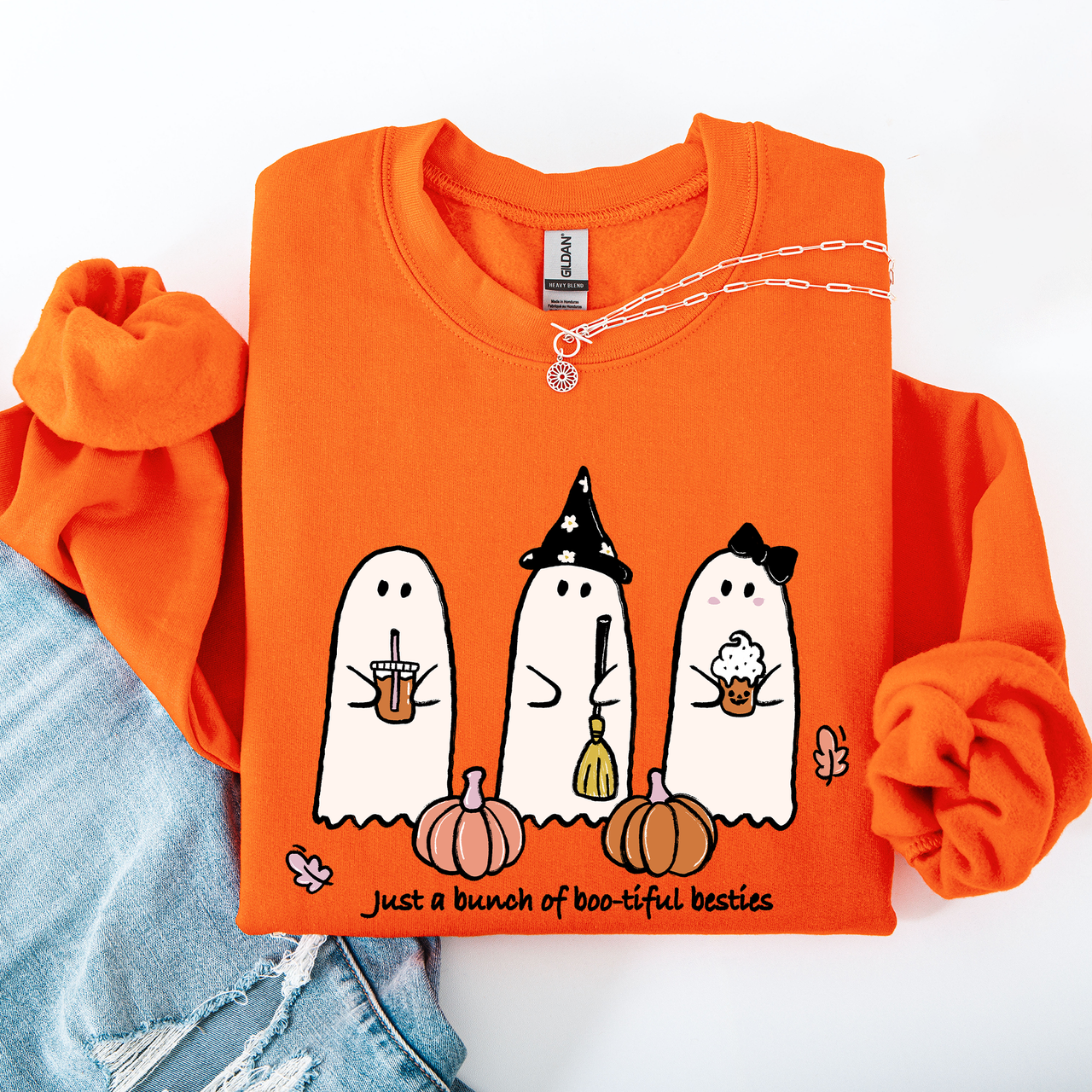 Besties Halloween Ghosts Witch Pumpkin Spooky Cozy Autumn Night Party Moody Festival Friends Forever Crew Sweatshirt