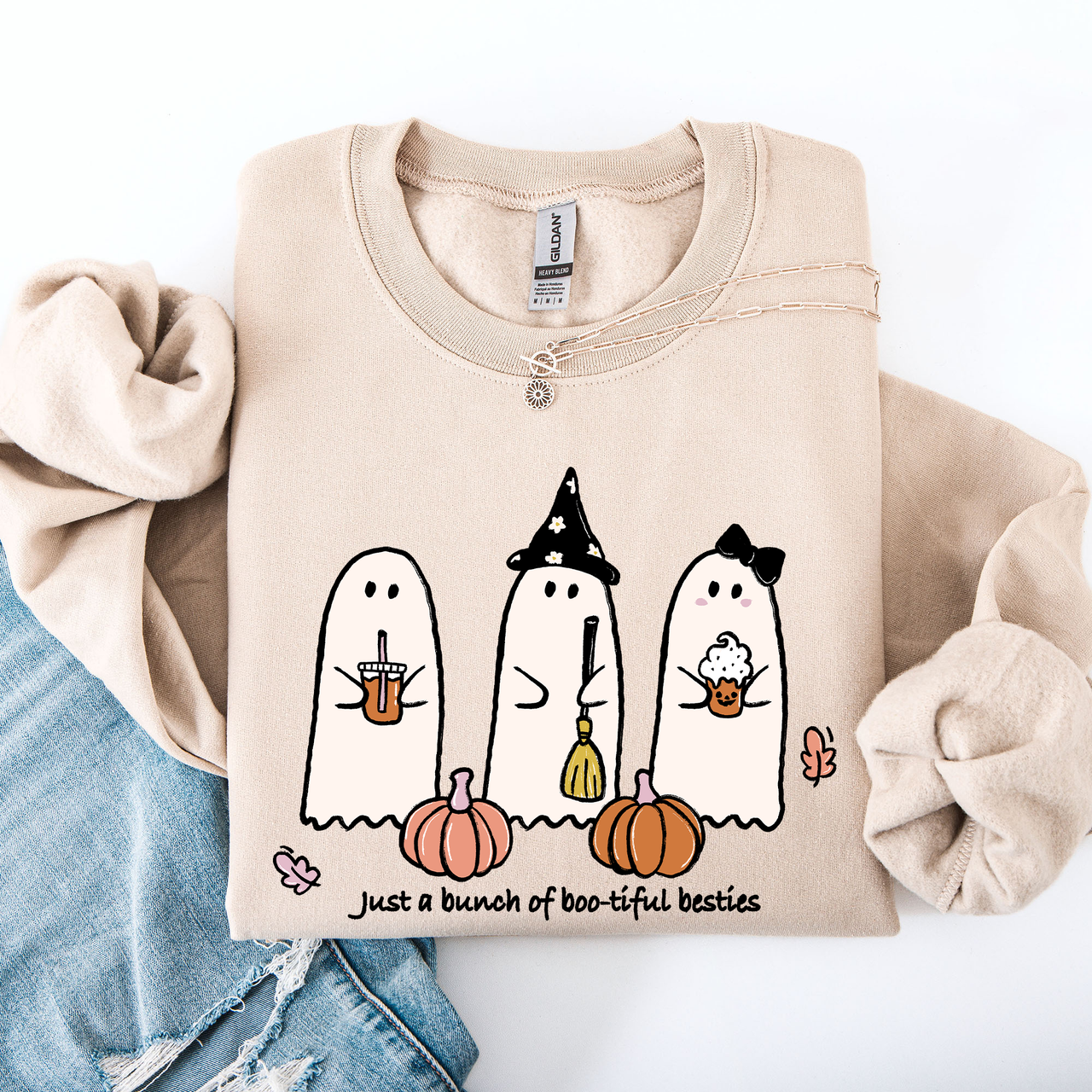 Besties Halloween Ghosts Witch Pumpkin Spooky Cozy Autumn Night Party Moody Festival Friends Forever Crew Sweatshirt