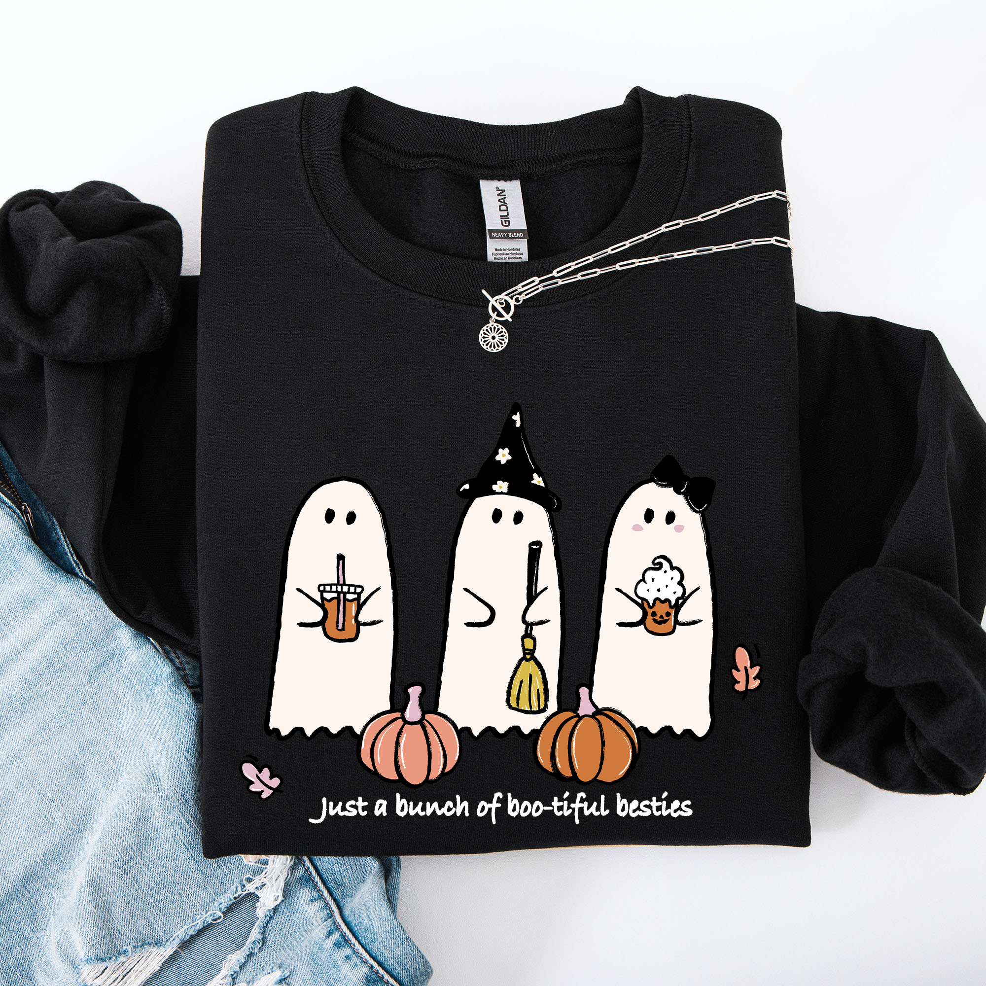 Besties Halloween Ghosts Witch Pumpkin Spooky Cozy Autumn Night Party Moody Festival Friends Forever Crew Sweatshirt