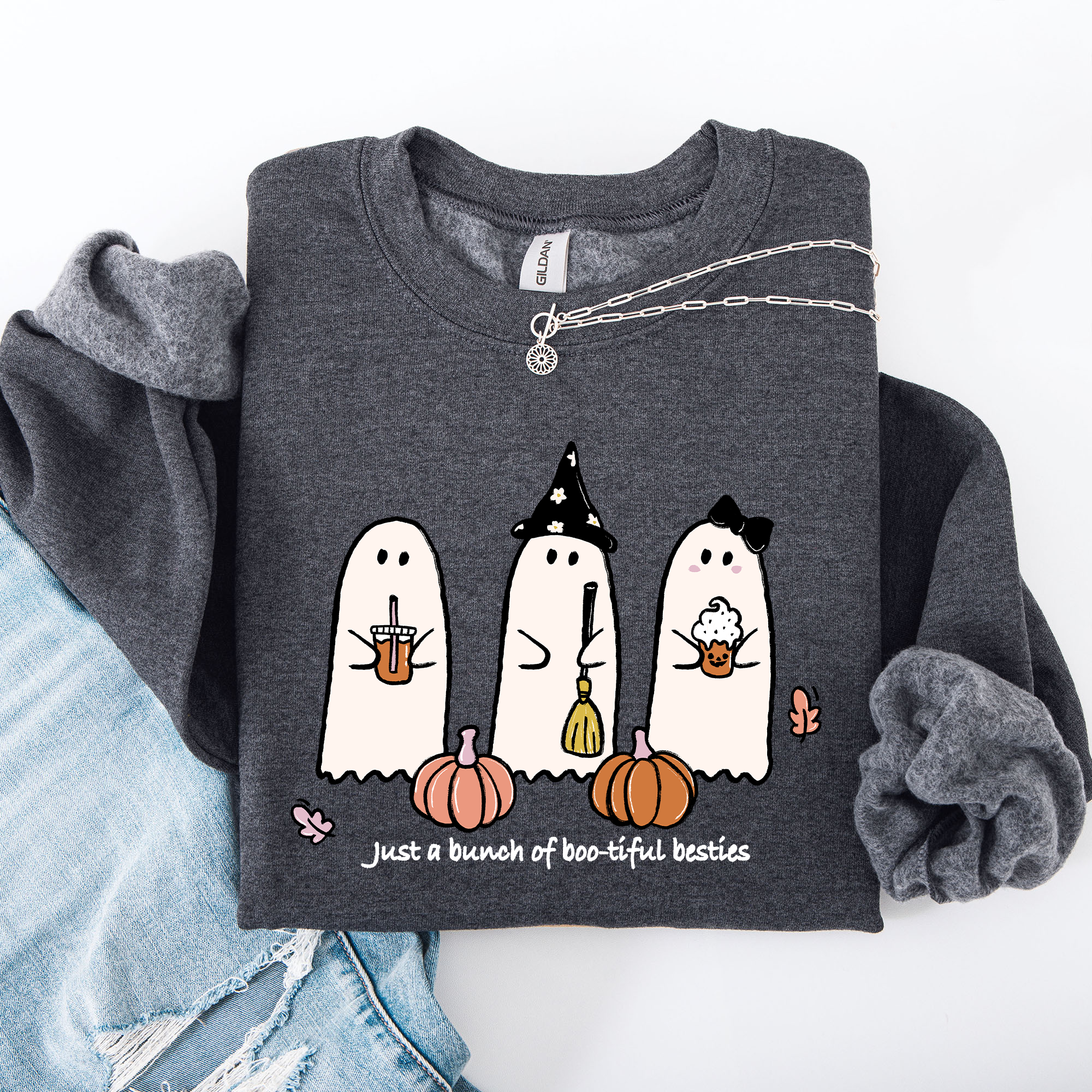 Besties Halloween Ghosts Witch Pumpkin Spooky Cozy Autumn Night Party Moody Festival Friends Forever Crew Sweatshirt