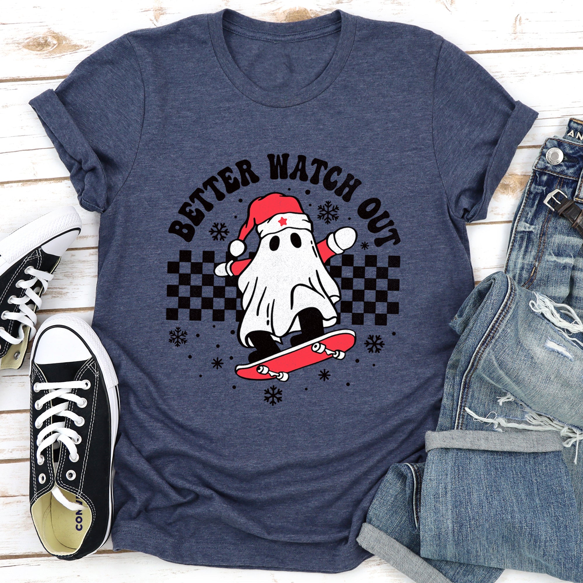 Better Watch Out Ghost Skateboard Santa Christmas Retro Holiday Mashup Artwork Graphic Tee