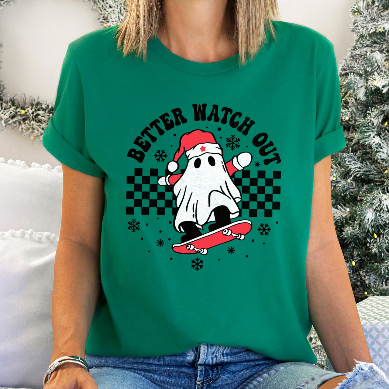 Better Watch Out Ghost Skateboard Santa Christmas Retro Holiday Mashup Artwork Graphic Tee