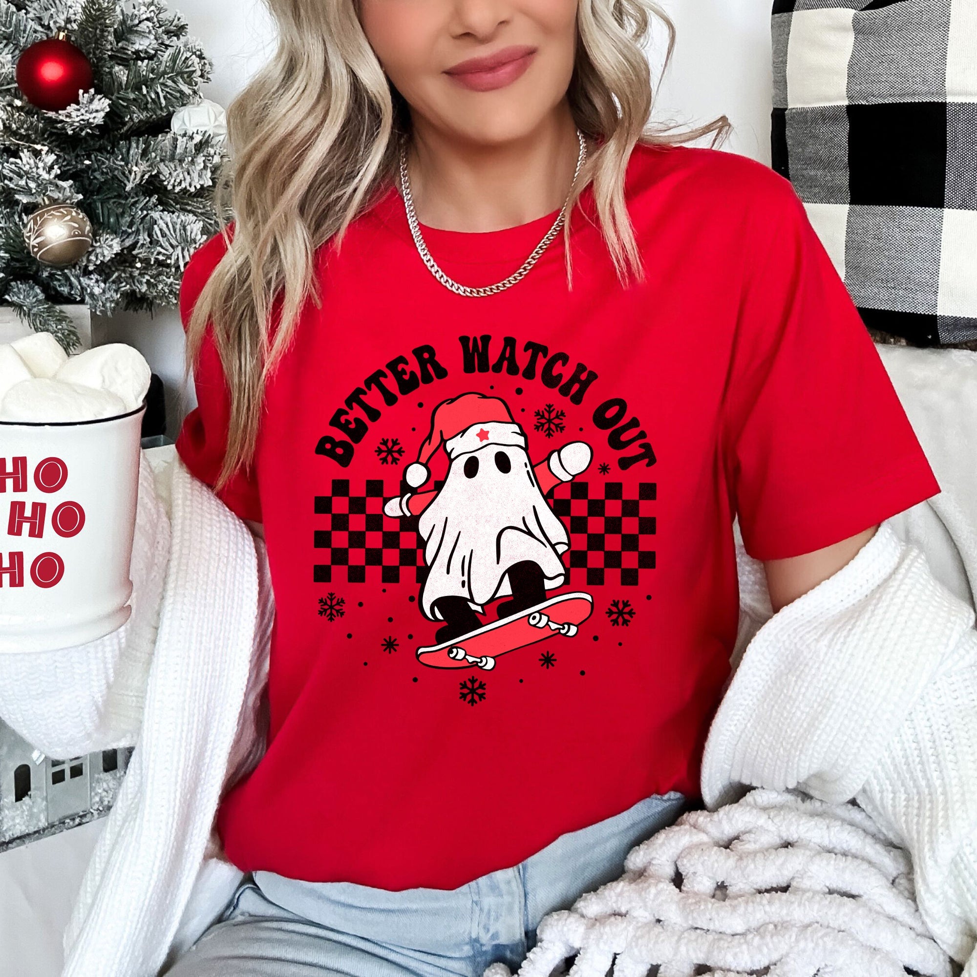 Better Watch Out Ghost Skateboard Santa Christmas Retro Holiday Mashup Artwork Graphic Tee