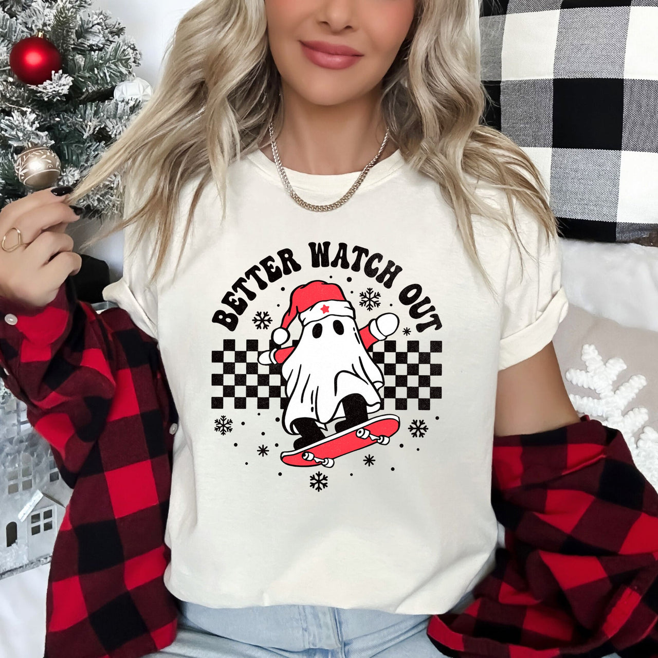 Better Watch Out Ghost Skateboard Santa Christmas Retro Holiday Mashup Artwork Graphic Tee
