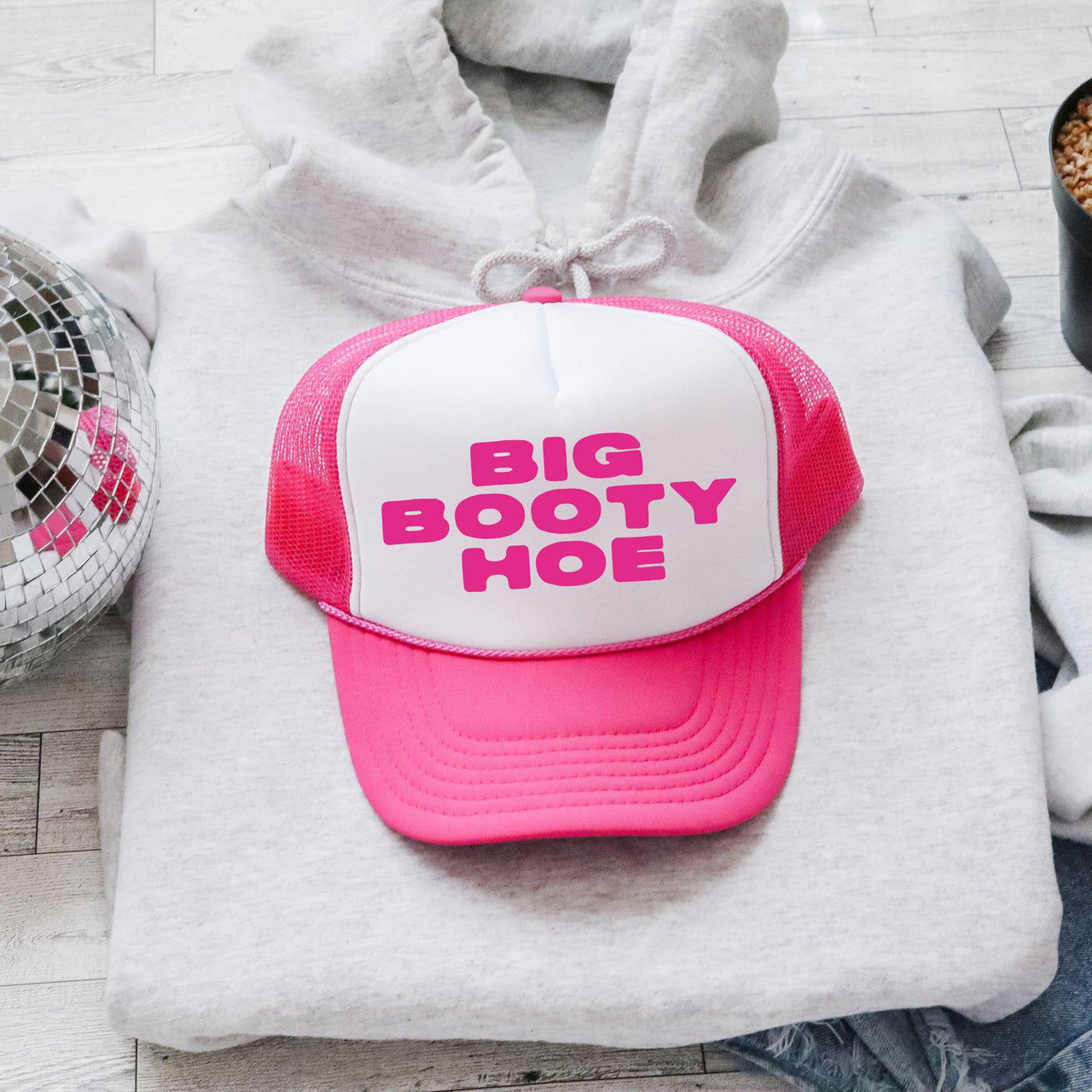 Big Booty Hoe Sassy Funny Bold Graphic Statement Edition Ultra Bright Vibe Trucker Hat