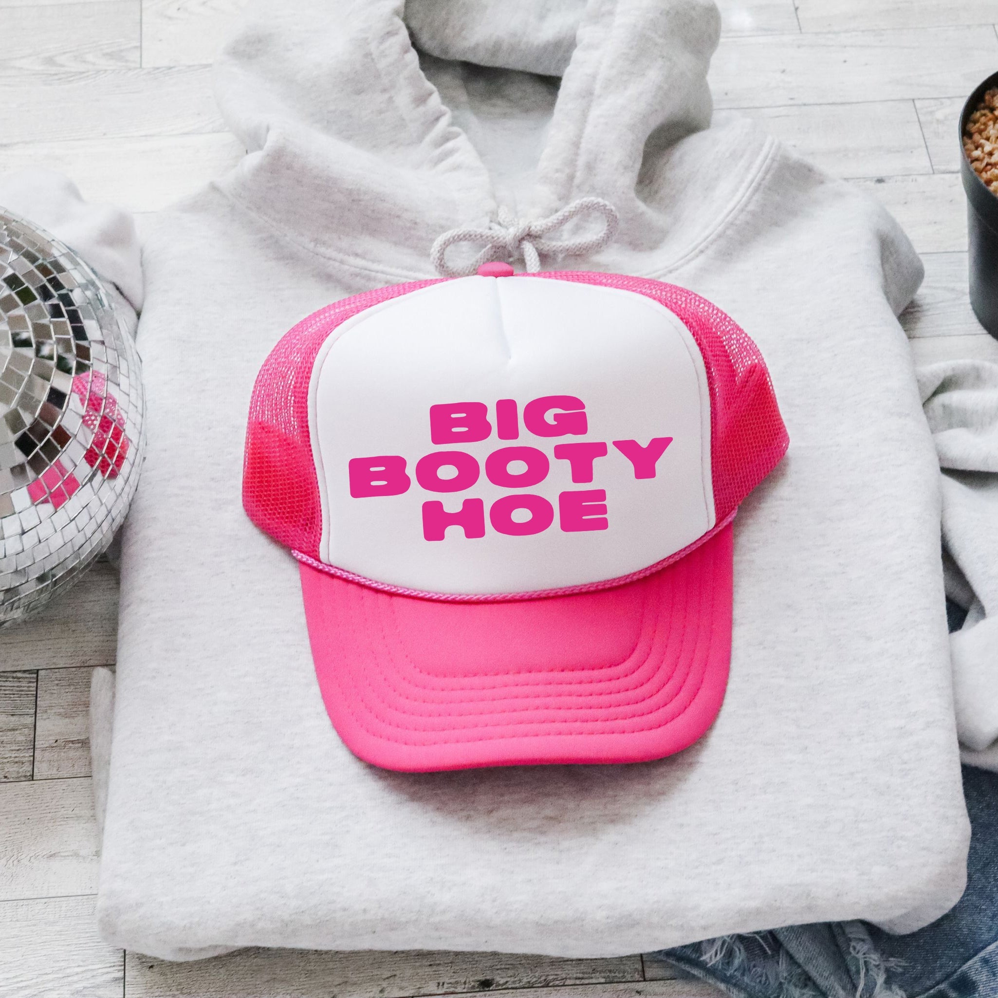 Big Booty Hoe Sassy Funny Bold Graphic Statement Edition Ultra Bright Vibe Trucker Hat