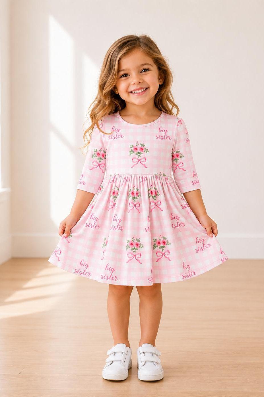 Big Sister Floral 3/4 Sleeve Pocket Twirl Dress