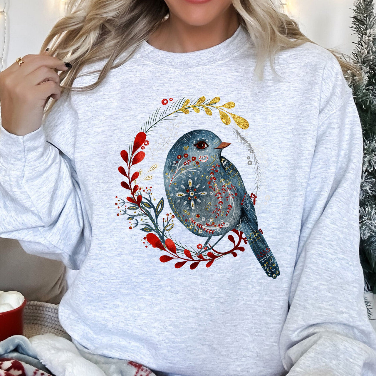 Bird Folk Art Scandinavian Winter Christmas Ornament Birds Nordic Pattern Sweatshirt