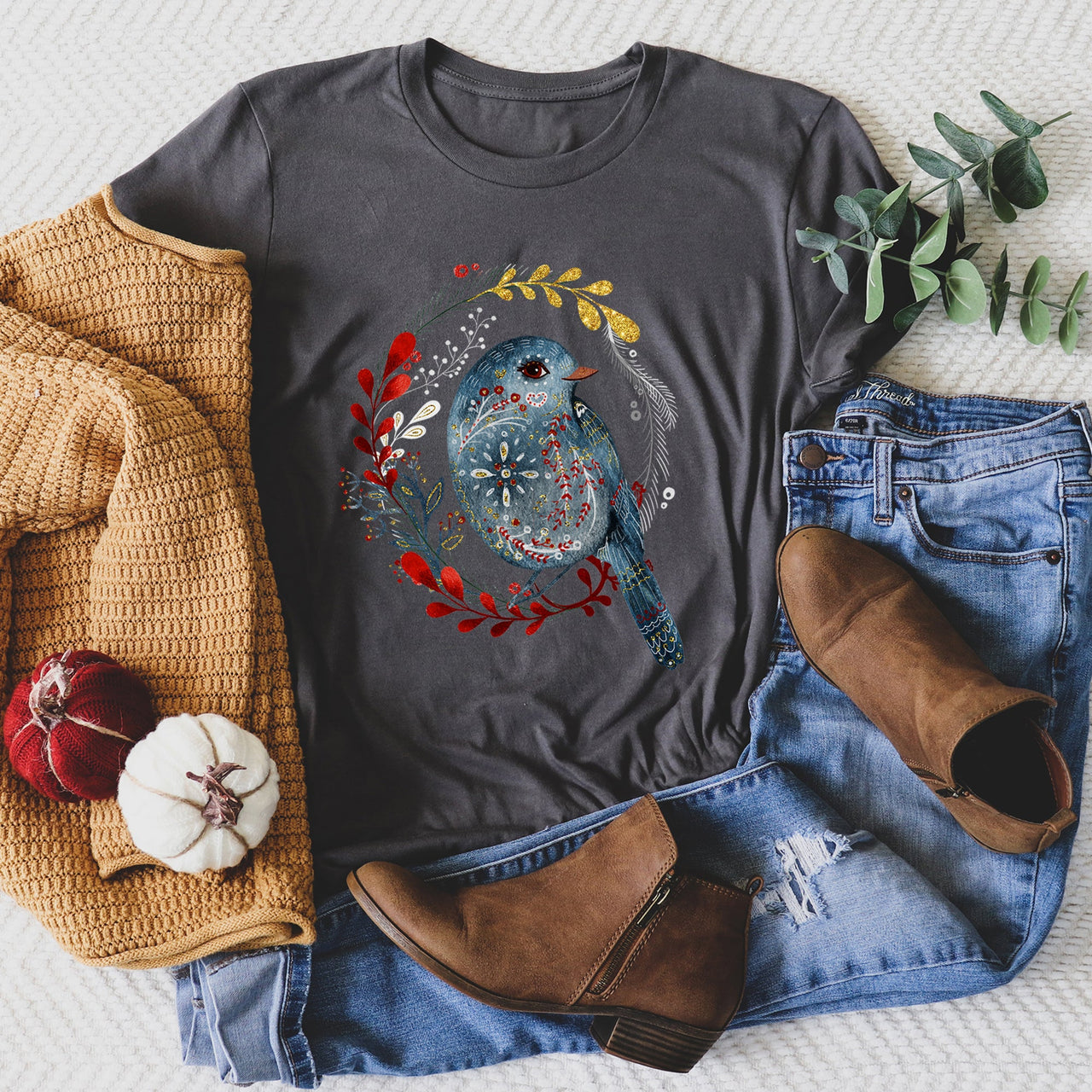 Bird Folk Art Scandinavian Winter Christmas Illustration Limited Collective Graphic Tee