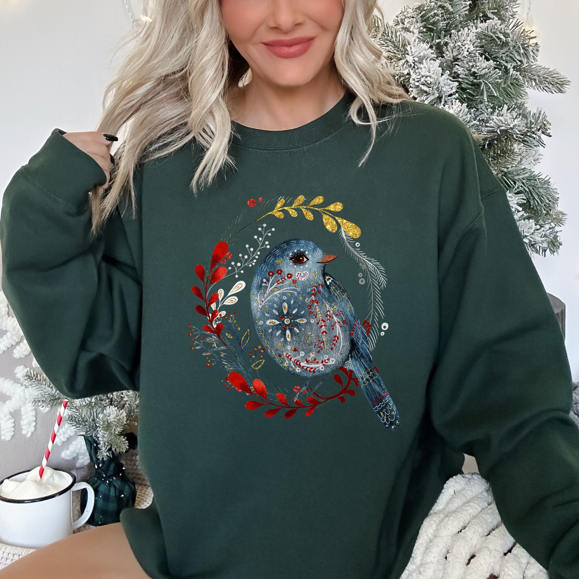 Bird Folk Art Scandinavian Winter Christmas Ornament Birds Nordic Pattern Sweatshirt