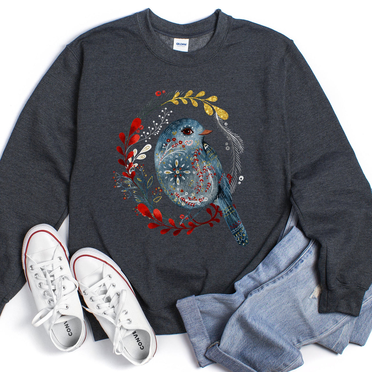 Bird Folk Art Scandinavian Winter Christmas Ornament Birds Nordic Pattern Sweatshirt