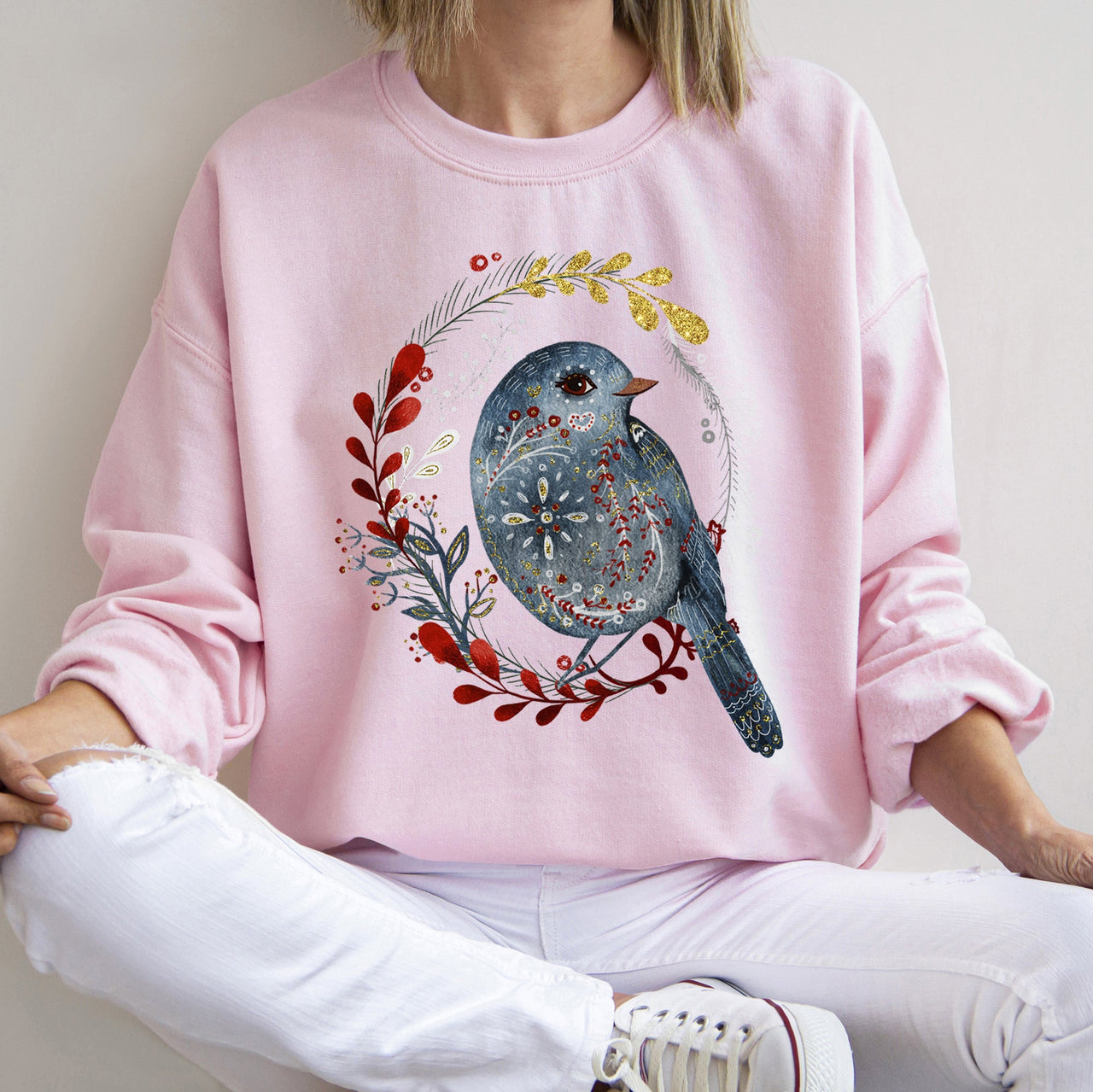 Bird Folk Art Scandinavian Winter Christmas Ornament Birds Nordic Pattern Sweatshirt