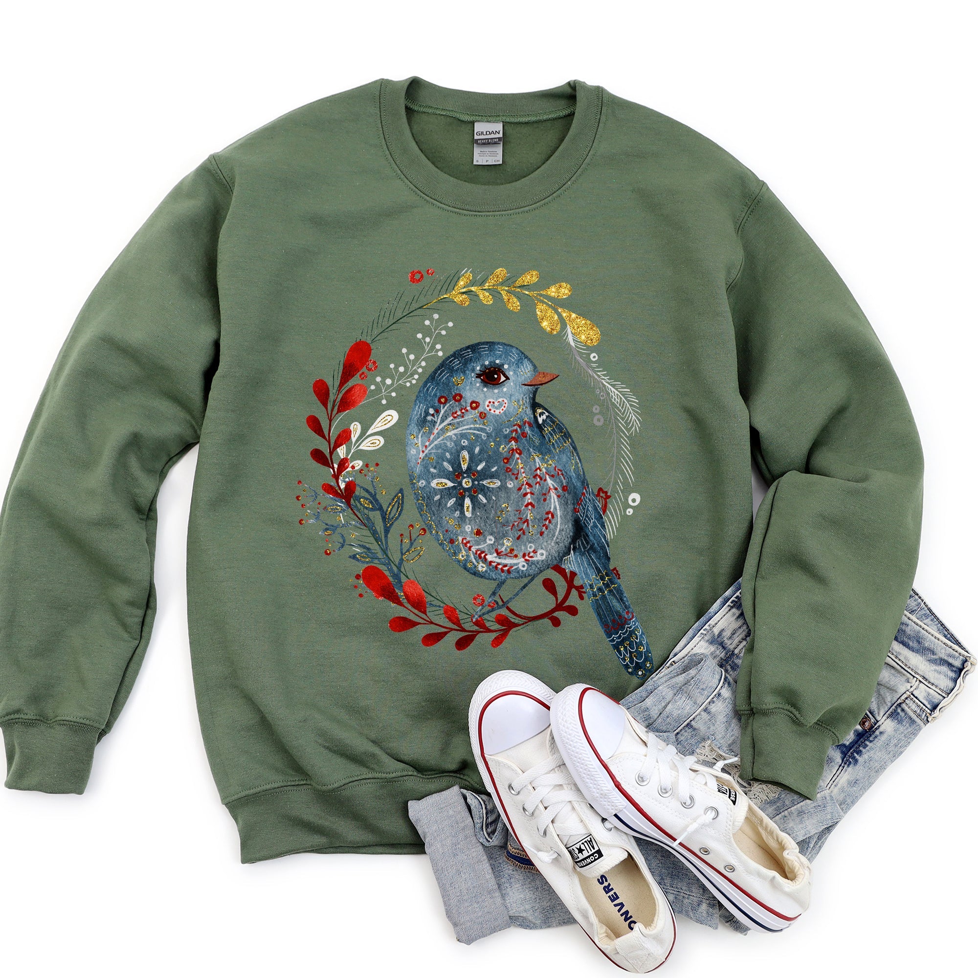 Bird Folk Art Scandinavian Winter Christmas Ornament Birds Nordic Pattern Sweatshirt