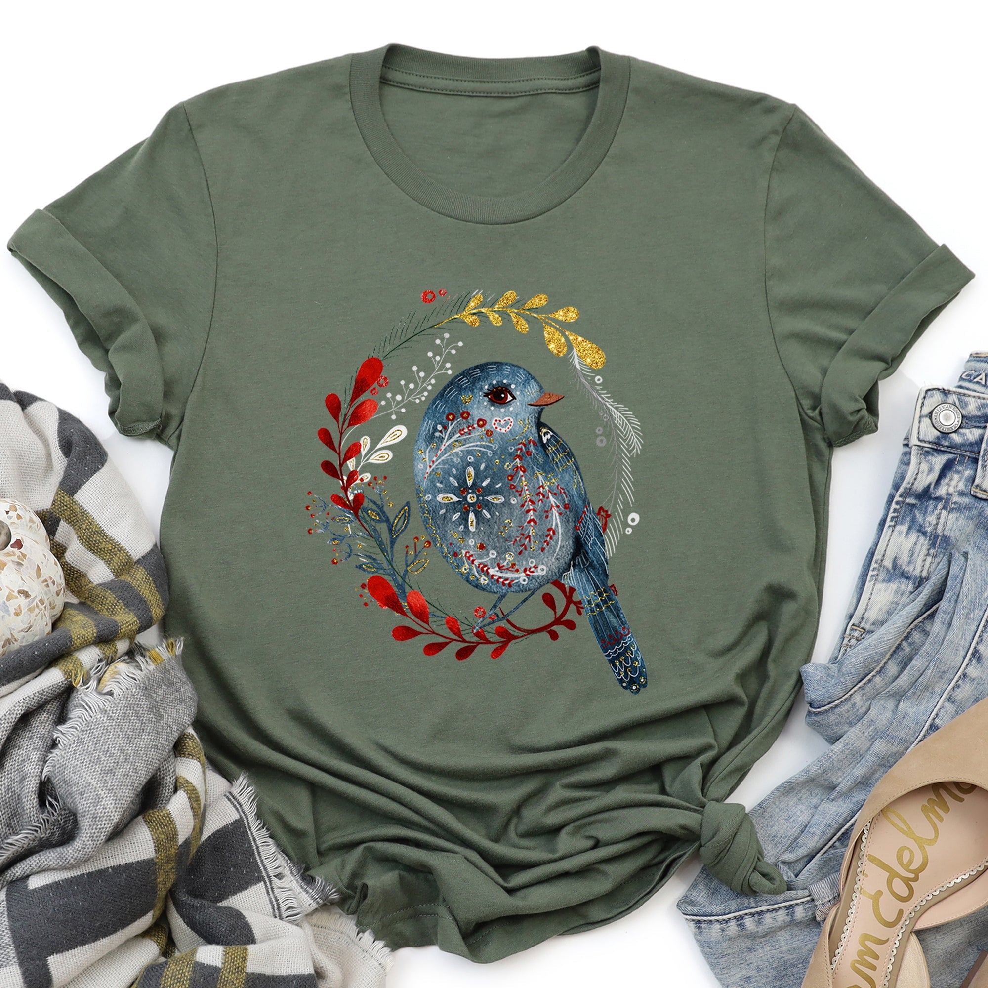 Bird Folk Art Scandinavian Winter Christmas Illustration Limited Collective Graphic Tee