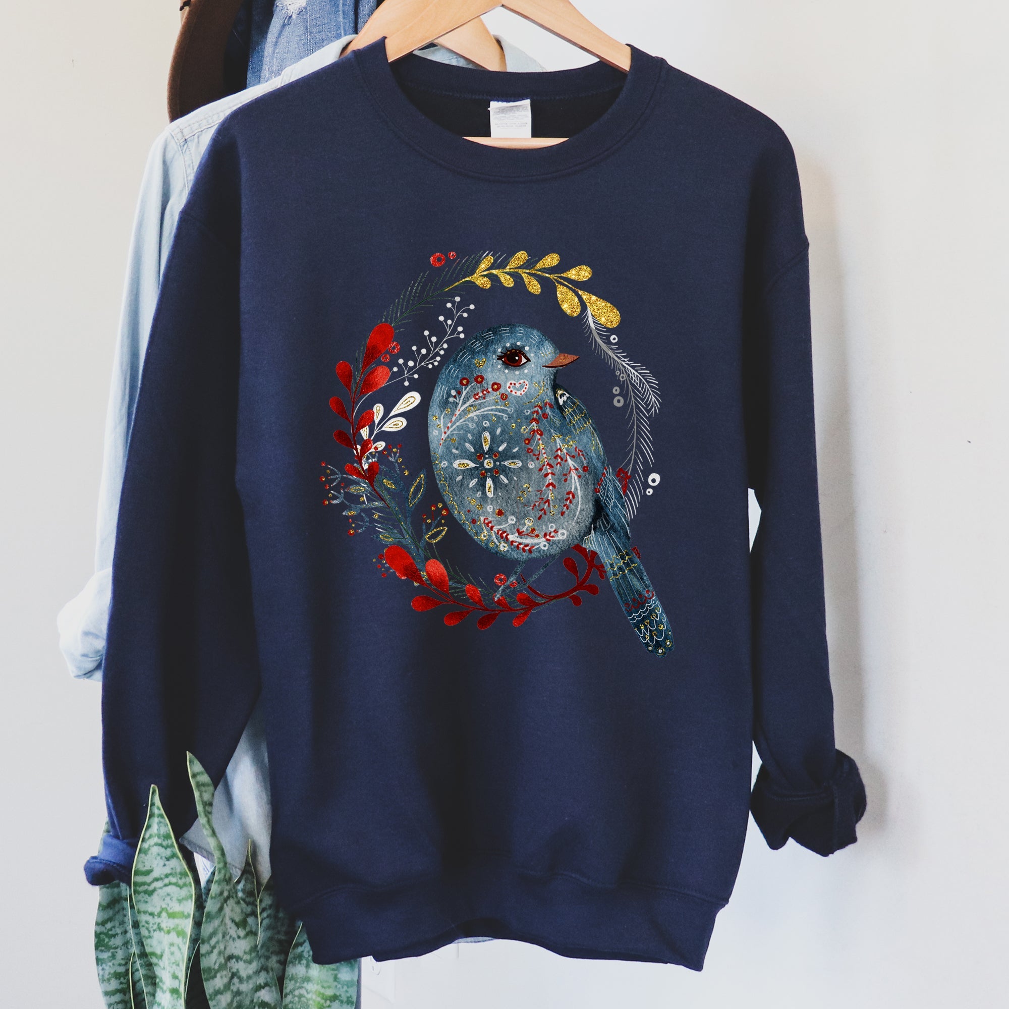 Bird Folk Art Scandinavian Winter Christmas Ornament Birds Nordic Pattern Sweatshirt