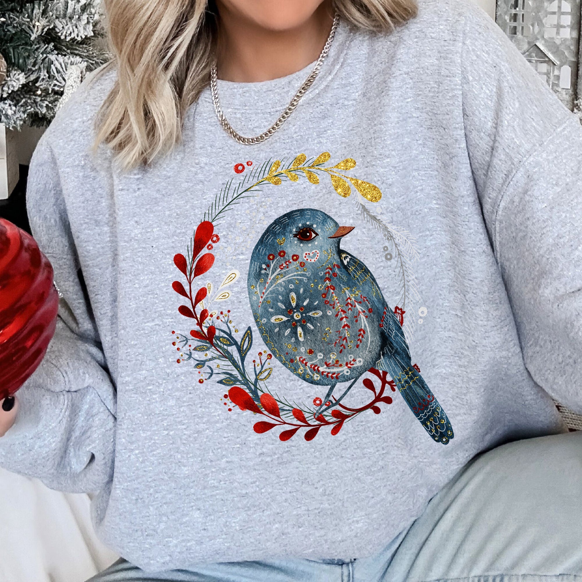 Bird Folk Art Scandinavian Winter Christmas Ornament Birds Nordic Pattern Sweatshirt
