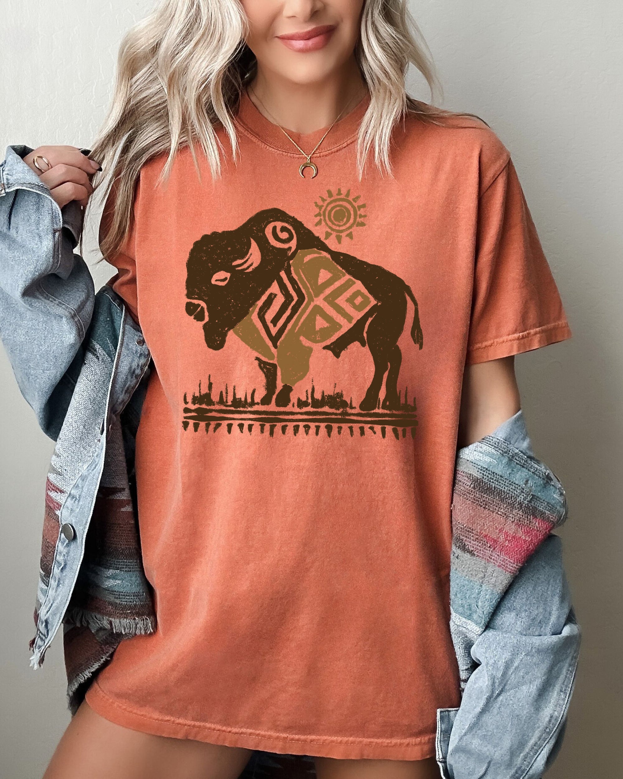 Bison Western Buffalo Sun Cowboy Nature Tribal Print Desert Scene Comfort Colors Tee