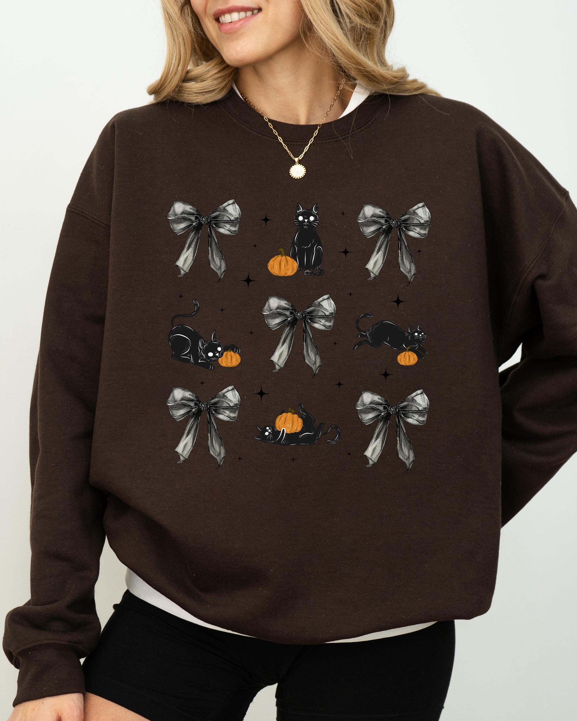 Black Cat Coquette Ribbons and Bows Halloween Girly Autumn Fall Cozy Soft Sweatshirt