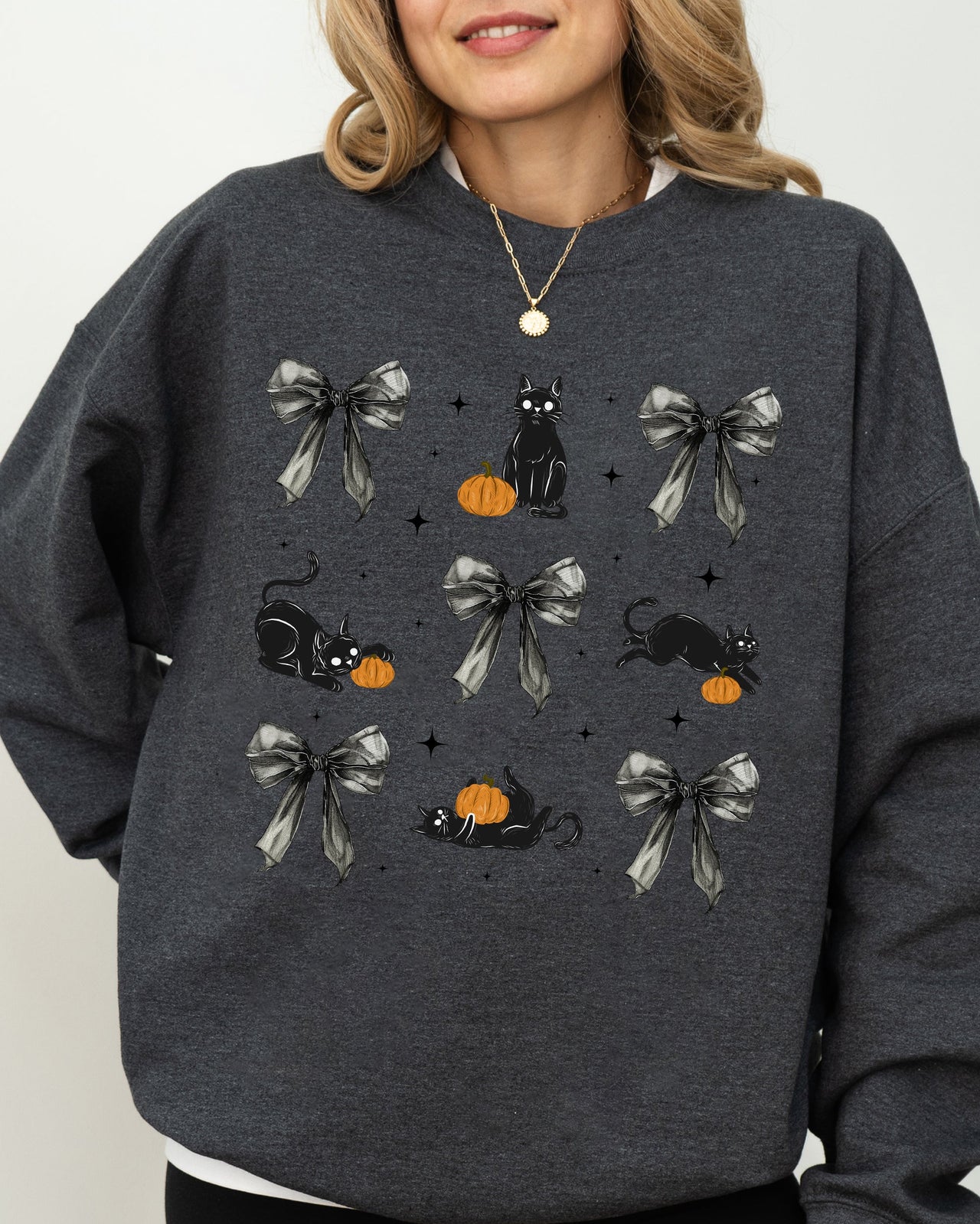Black Cat Coquette Ribbons and Bows Halloween Girly Autumn Fall Cozy Soft Sweatshirt