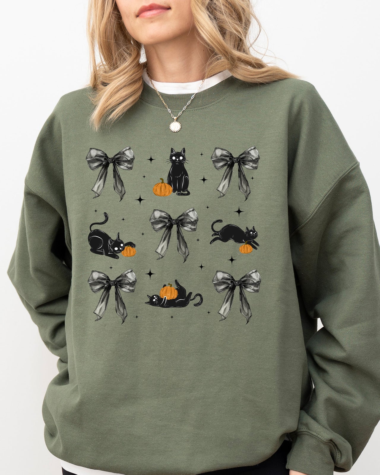 Black Cat Coquette Ribbons and Bows Halloween Girly Autumn Fall Cozy Soft Sweatshirt
