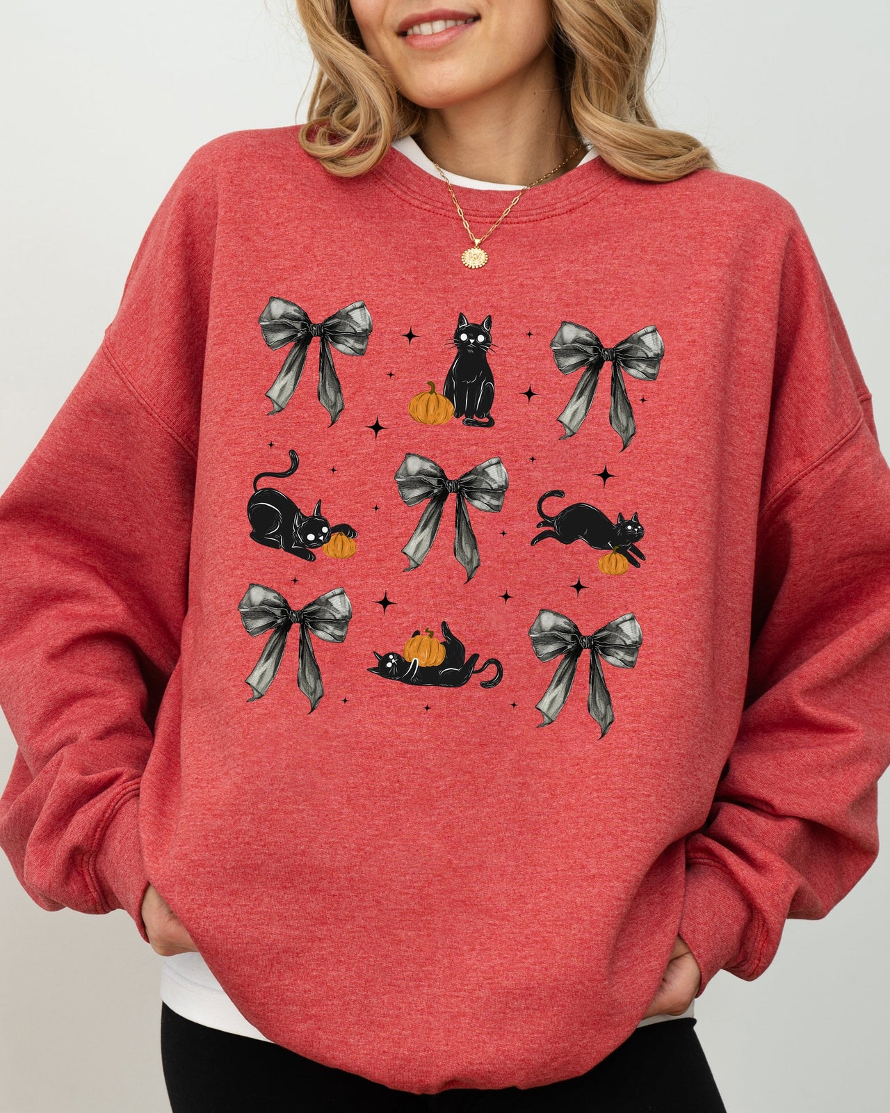 Black Cat Coquette Ribbons and Bows Halloween Girly Autumn Fall Cozy Soft Sweatshirt