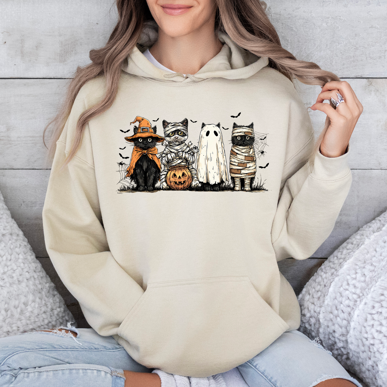 Black Cats Pumpkin Ghosts Cats Retro Halloween Gothic Halloween Cat Mama Hoodie