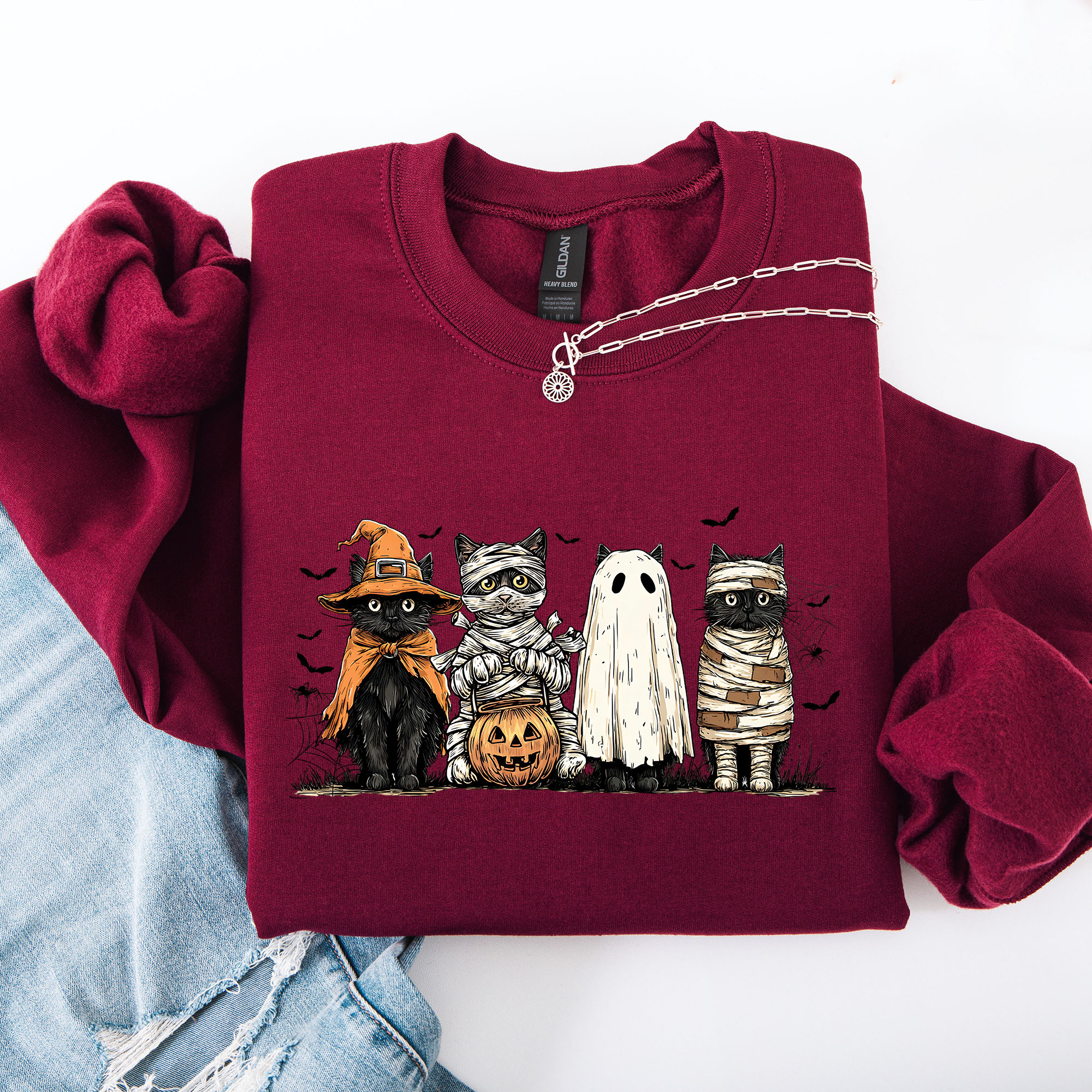 Shimmering Ghost Halloween Black Cat Pumpkin Ghost Cats Retro Gothic Autumn Sweatshirt