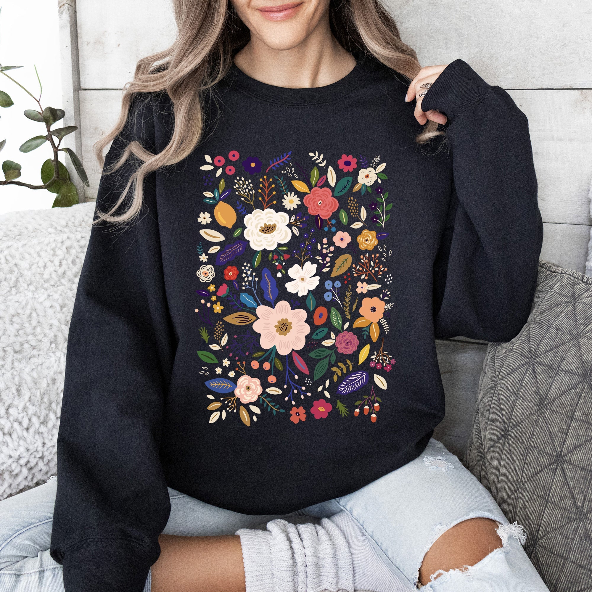Bloom Brilliance Color-Infused Floral Print Garden Collection Soft Knit Sweatshirt