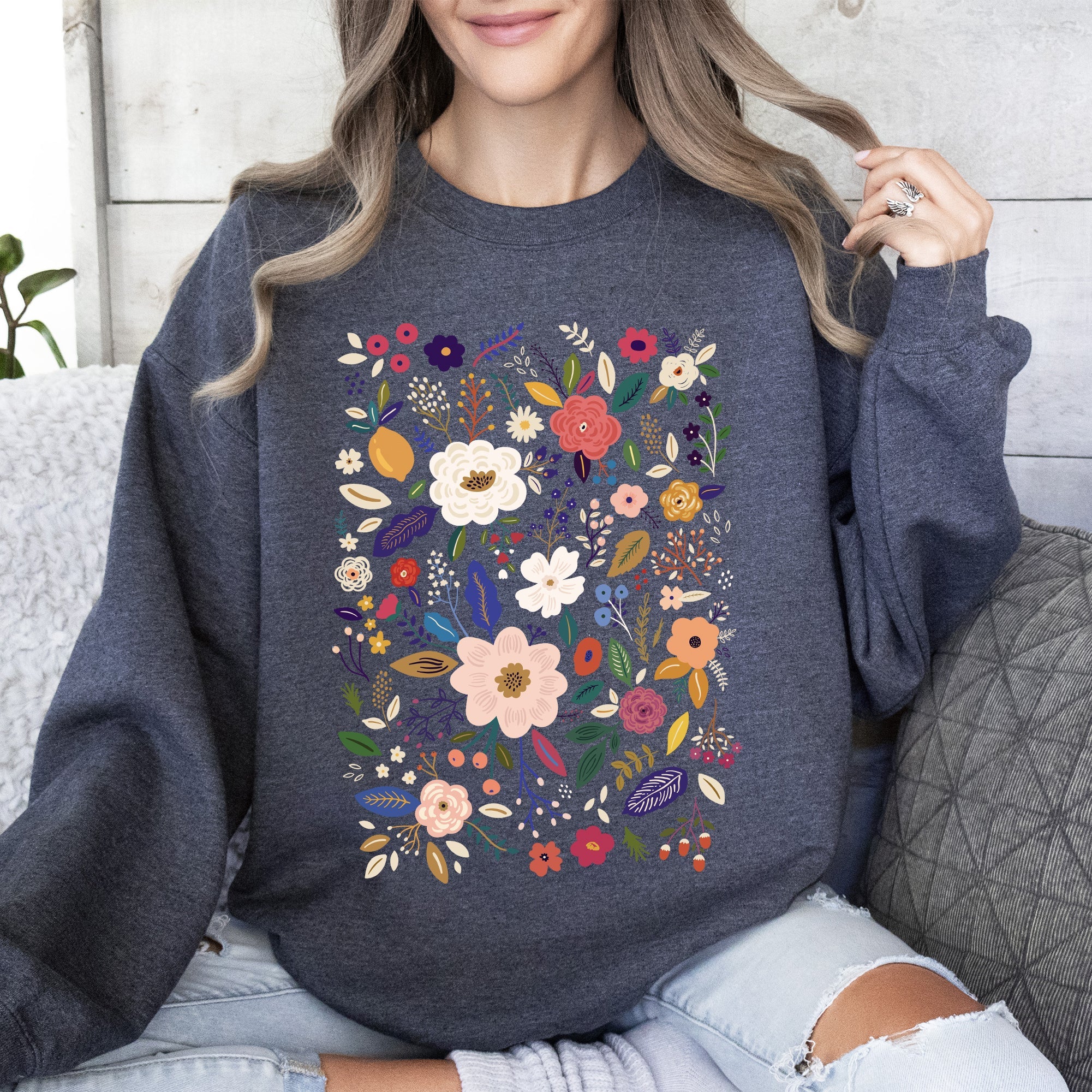 Bloom Brilliance Color-Infused Floral Print Garden Collection Soft Knit Sweatshirt