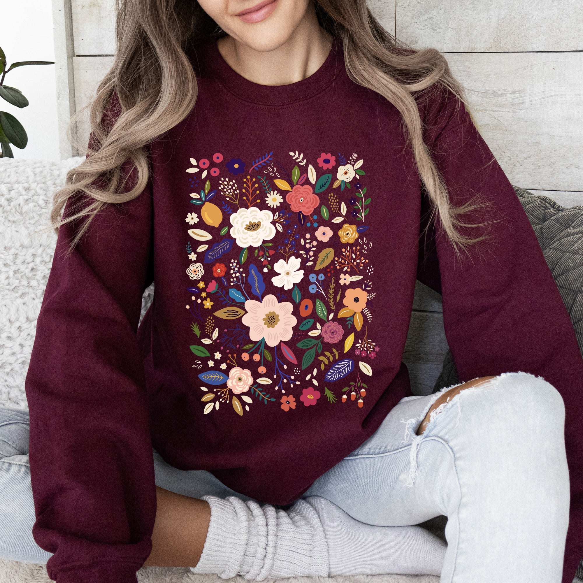 Bloom Brilliance Color-Infused Floral Print Garden Collection Soft Knit Sweatshirt
