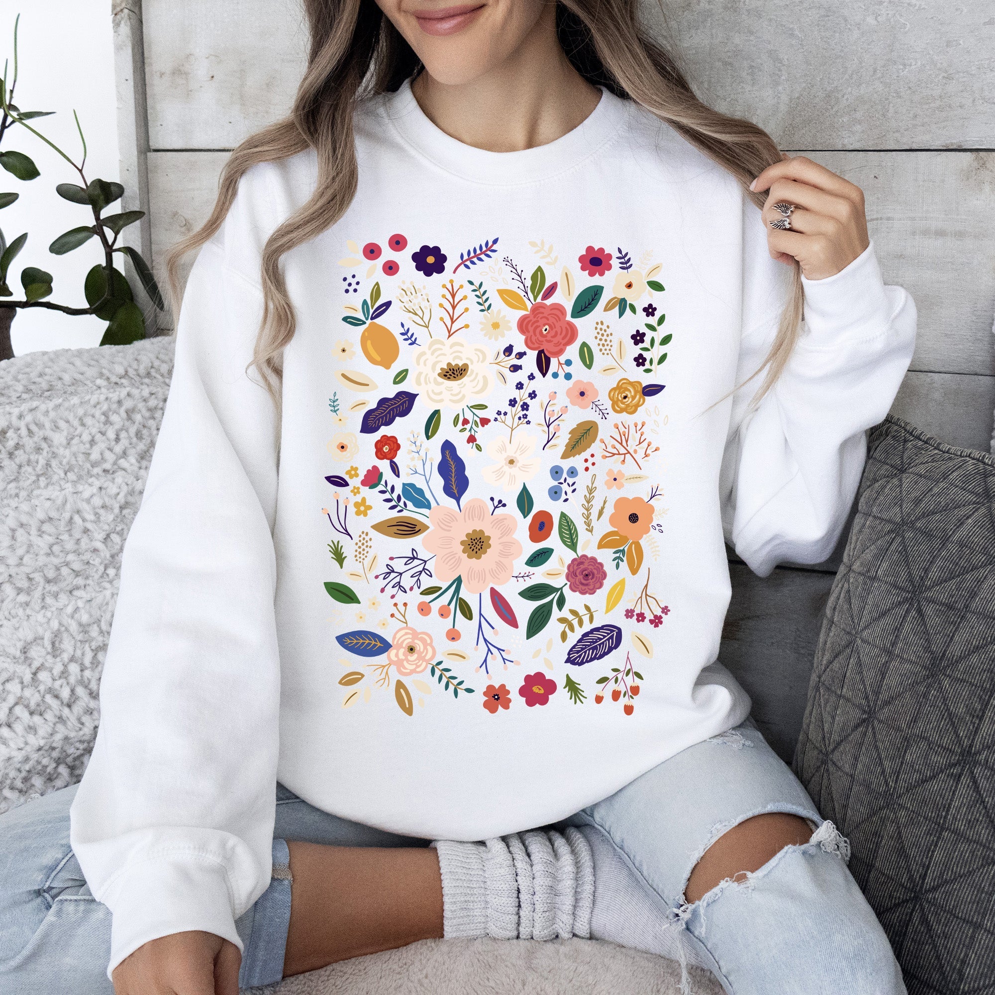 Bloom Brilliance Color-Infused Floral Print Garden Collection Soft Knit Sweatshirt