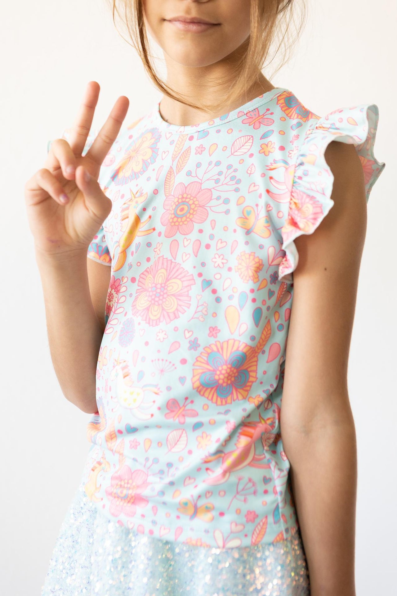 SALE Blue Retro Unicorns S/S Ruffle Tee