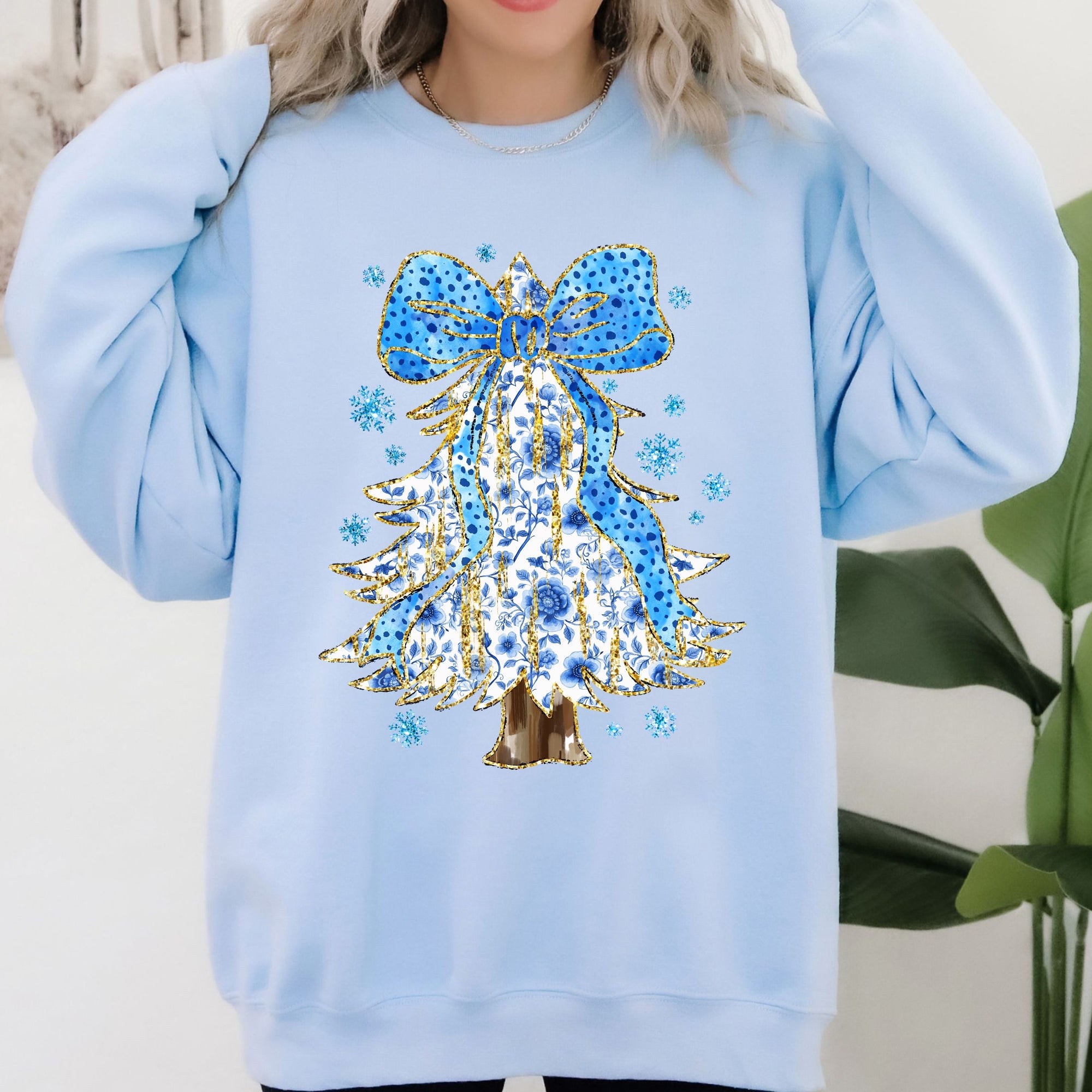 Blue Christmas Christmas Tree Bow Delft Coquette Floral Santa Holiday Elegance Sweatshirt