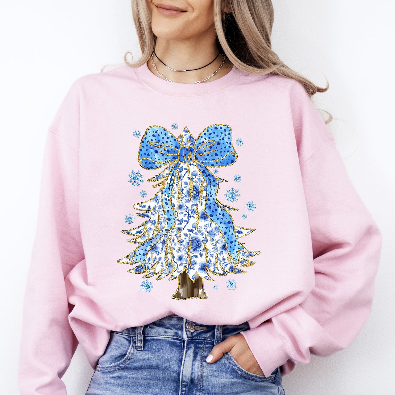 Blue Christmas Christmas Tree Bow Delft Coquette Floral Santa Holiday Elegance Sweatshirt