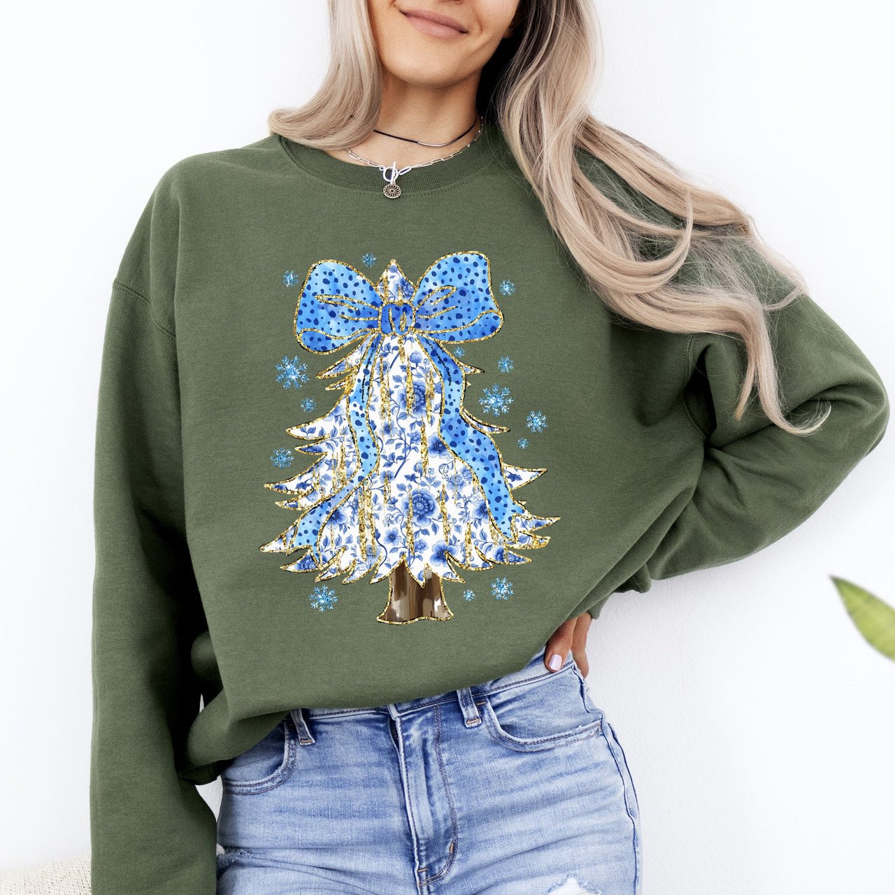 Blue Christmas Christmas Tree Bow Delft Coquette Floral Santa Holiday Elegance Sweatshirt