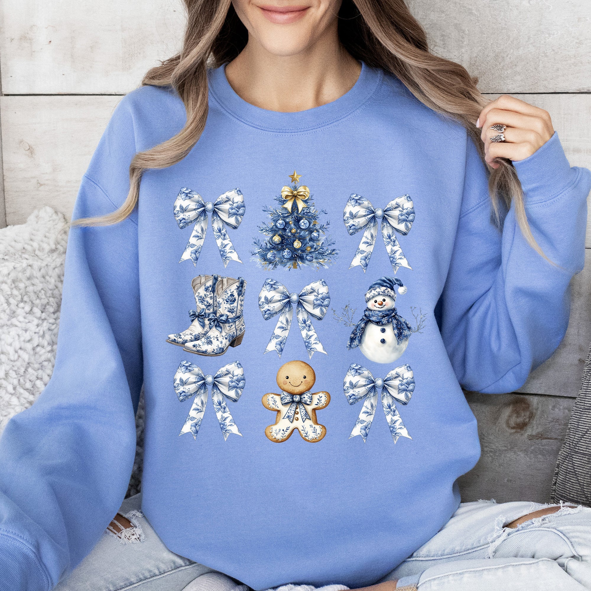 Blue Christmas Snowman Christmas Tree Delft Coquette Floral Santa Classic Sweatshirt