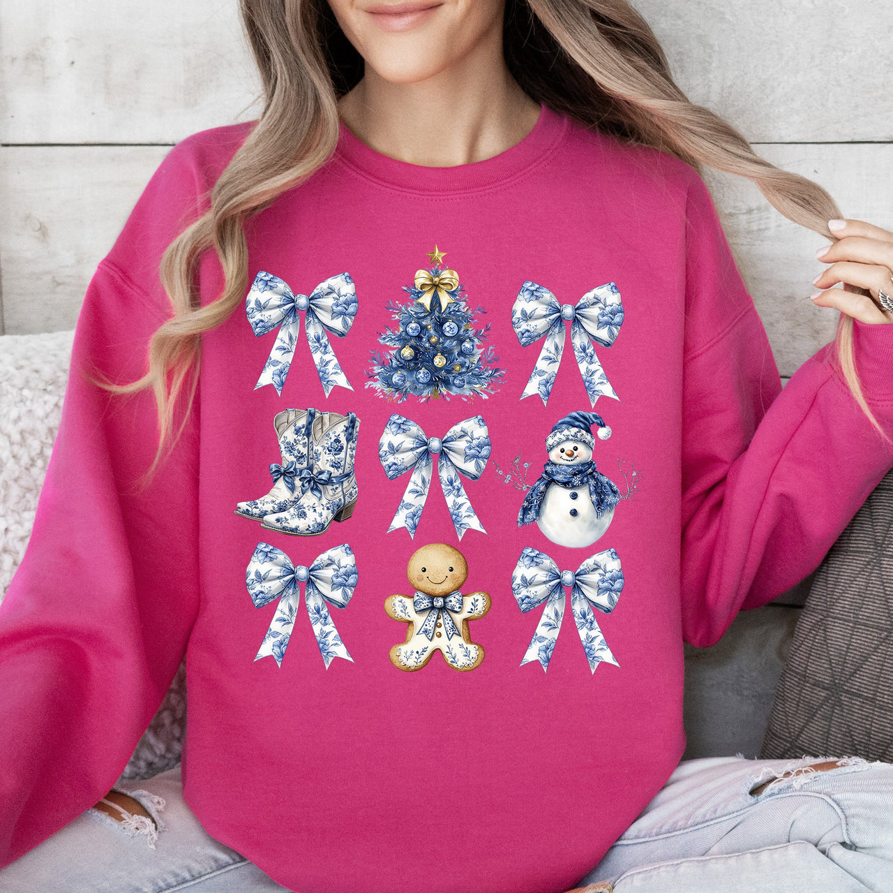 Blue Christmas Snowman Christmas Tree Delft Coquette Floral Santa Classic Sweatshirt