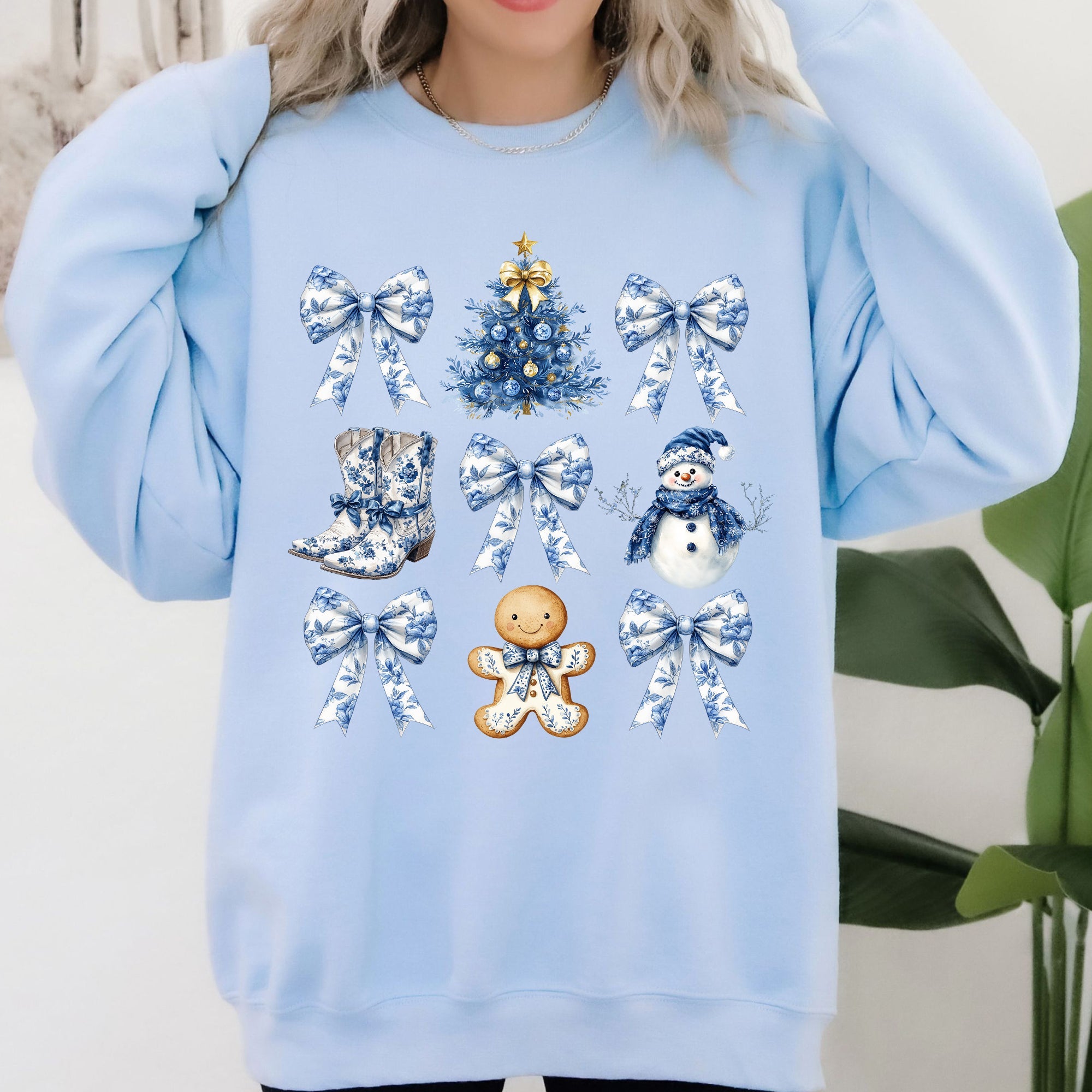 Blue Christmas Snowman Christmas Tree Delft Coquette Floral Santa Classic Sweatshirt