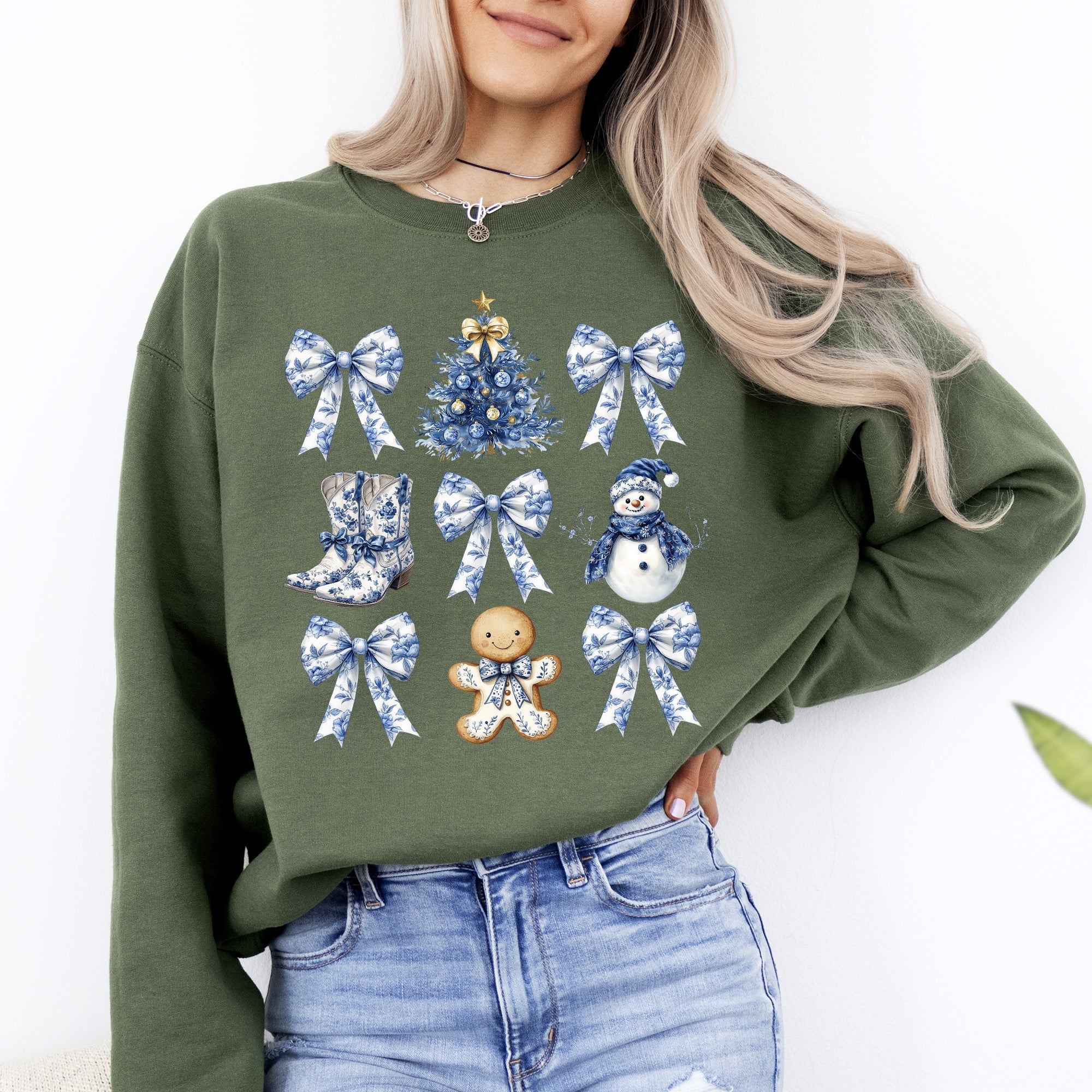 Blue Christmas Snowman Christmas Tree Delft Coquette Floral Santa Classic Sweatshirt