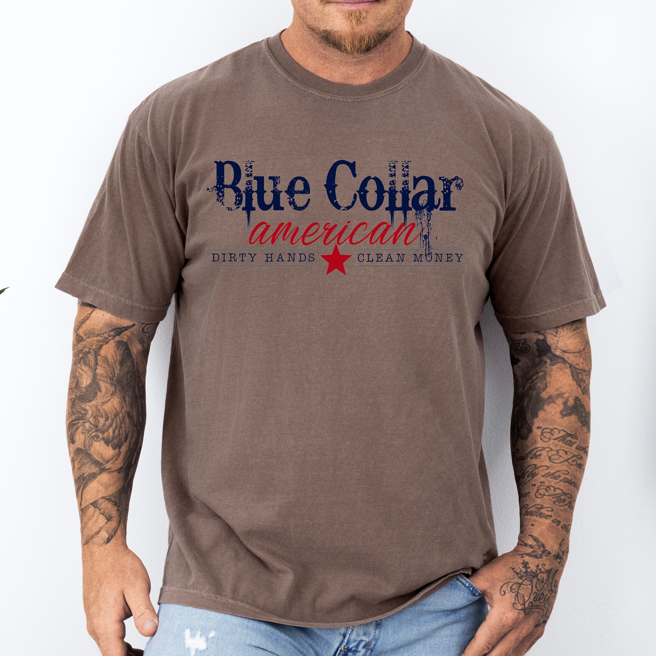 Blue Collar American, Dirty Hands, Clean Money Dad Husband Graphic Comfort Colors Tee