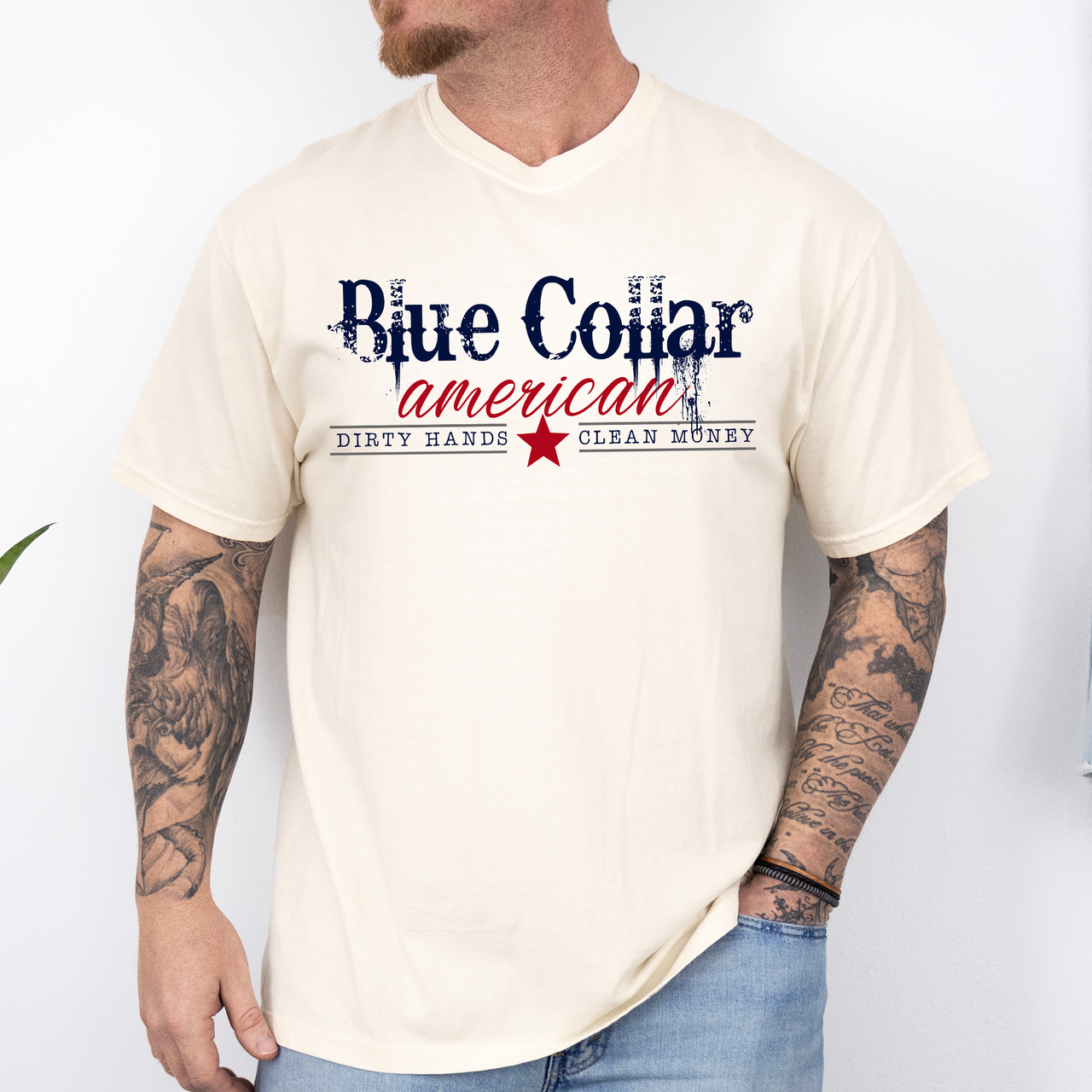 Blue Collar American, Dirty Hands, Clean Money Dad Husband Graphic Comfort Colors Tee