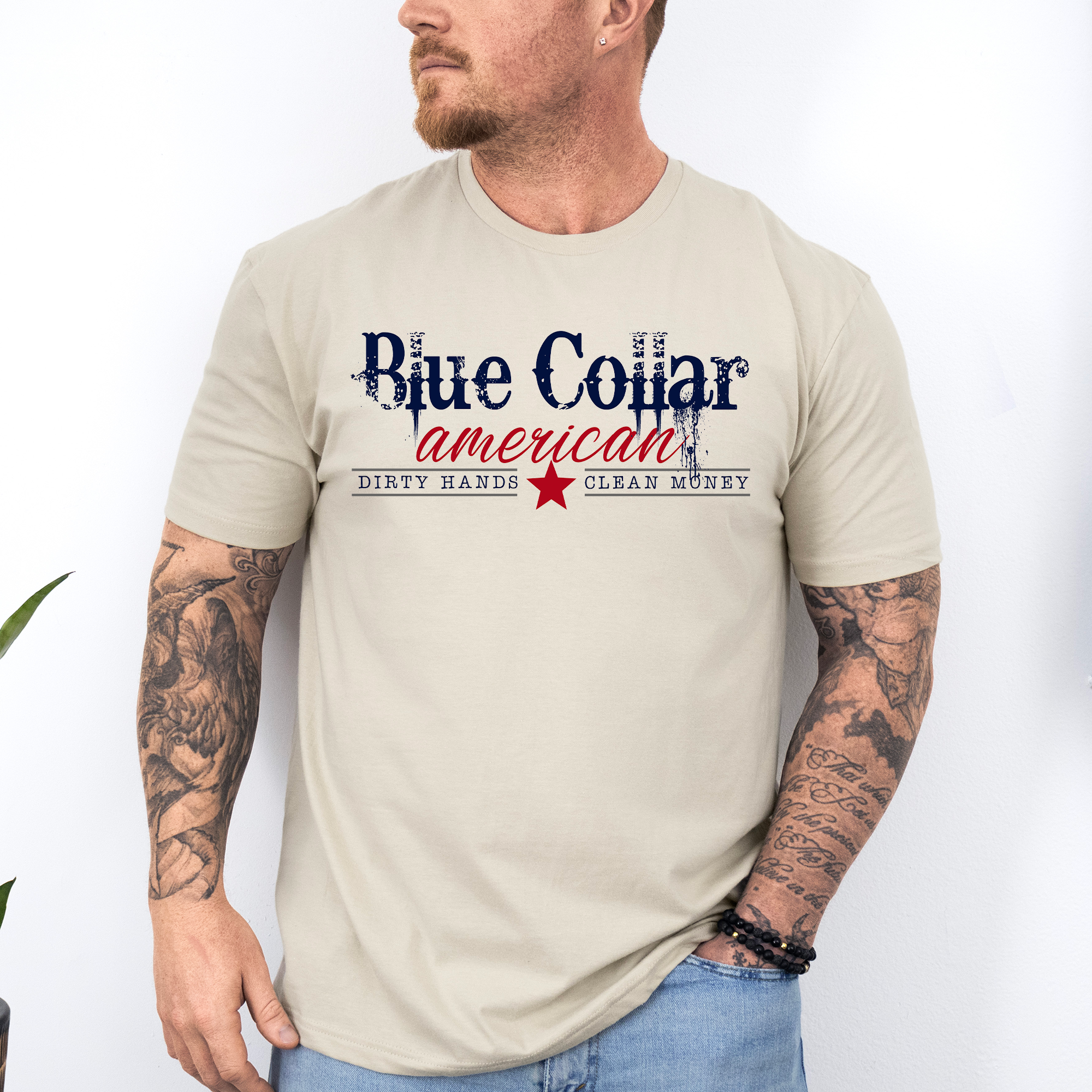 Blue Collar American Dirty Hands Clean Money Dad Father's Day Husband Graphic Tee