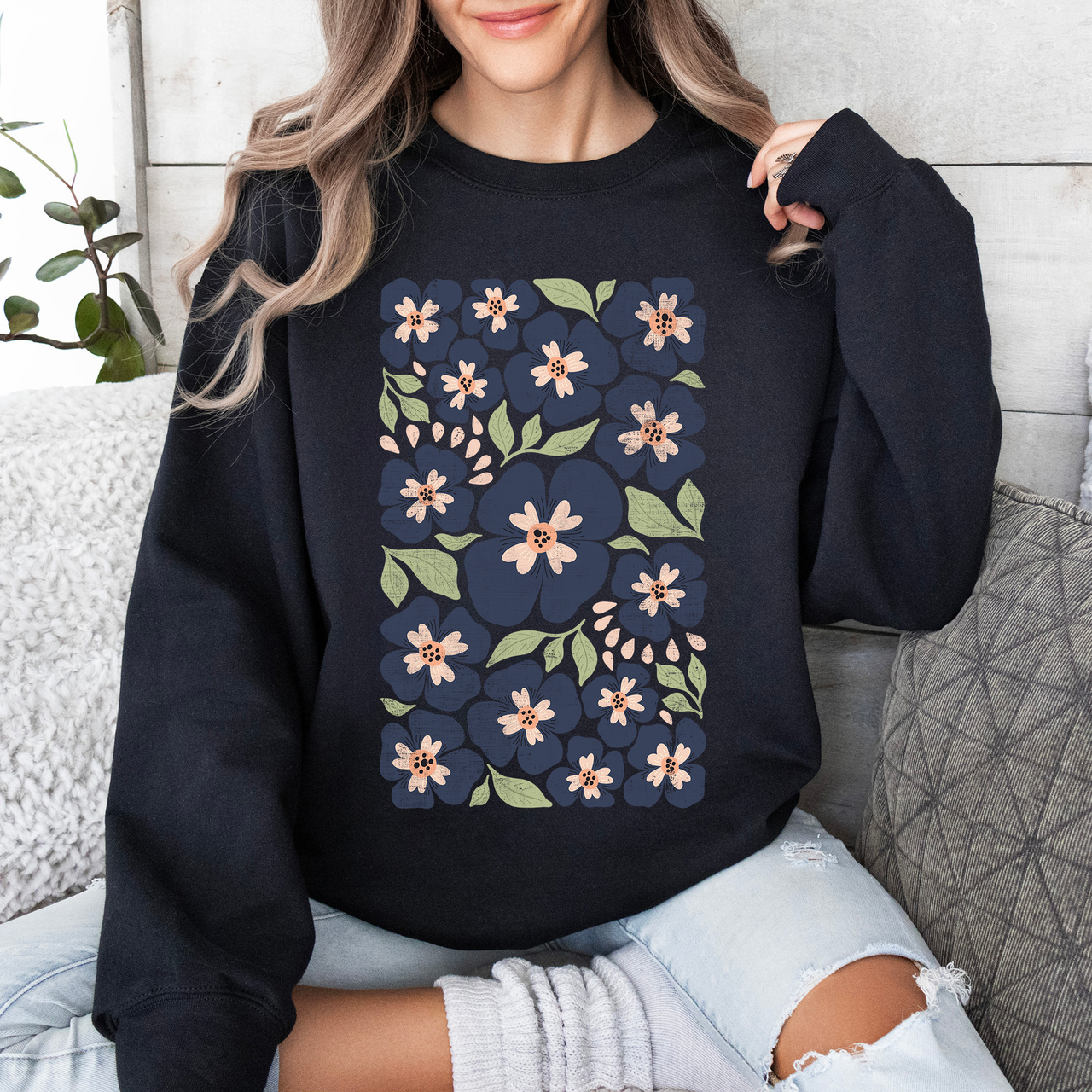 Blue Wildflower Allover Floral Vintage Boho Nature Inspired Autumn Palette Sweatshirt