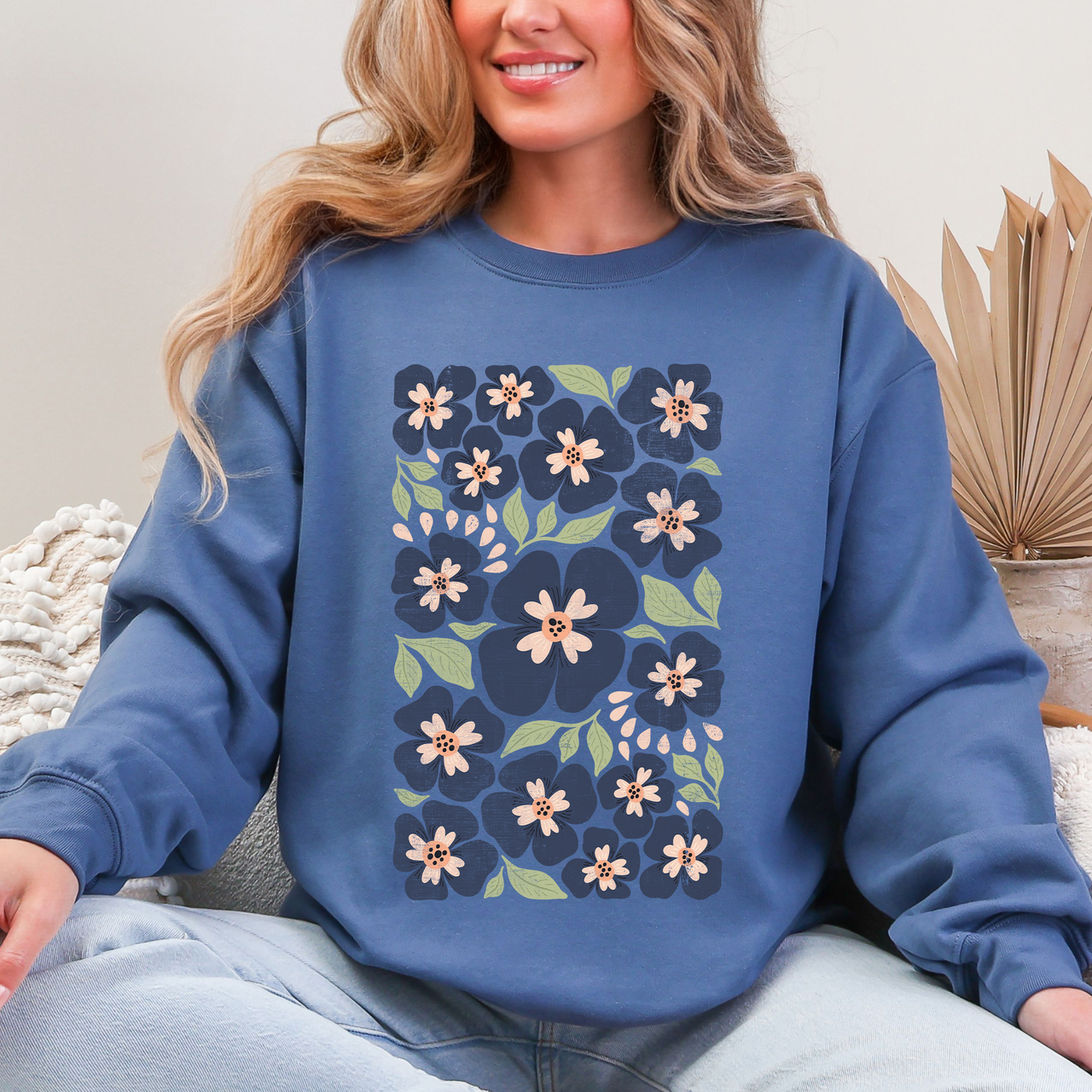 Blue Wildflower Allover Floral Vintage Boho Nature Inspired Autumn Palette Sweatshirt