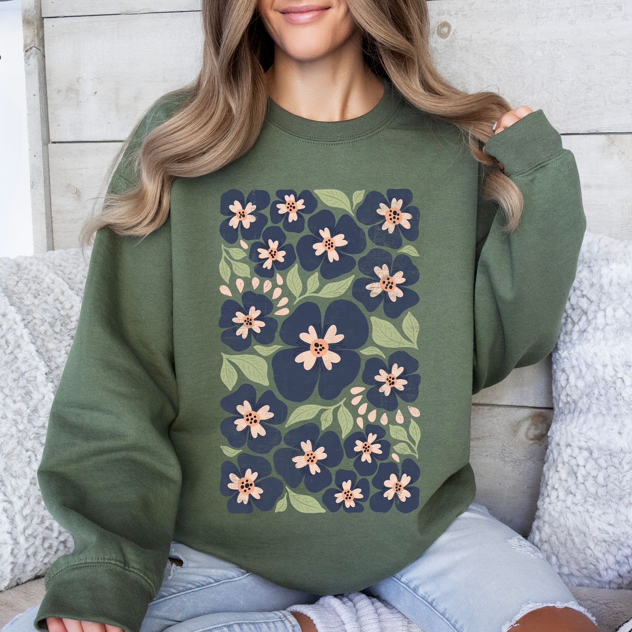 Blue Wildflower Allover Floral Vintage Boho Nature Inspired Autumn Palette Sweatshirt