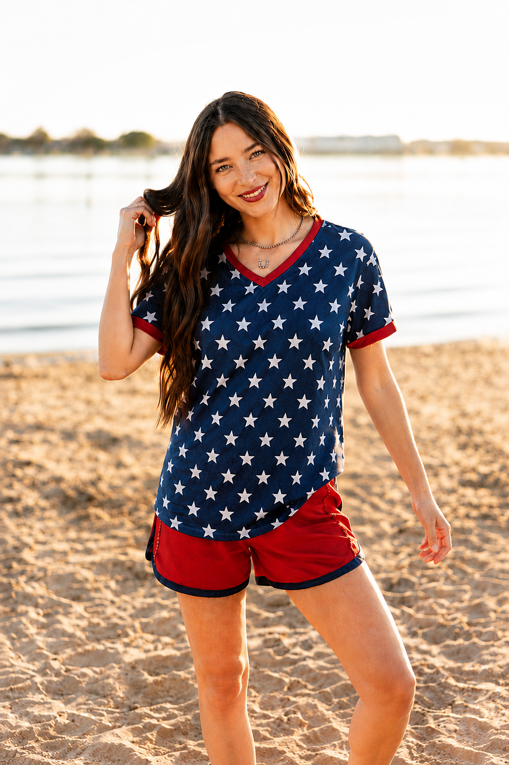 Blue and White Stars V-Neck Top