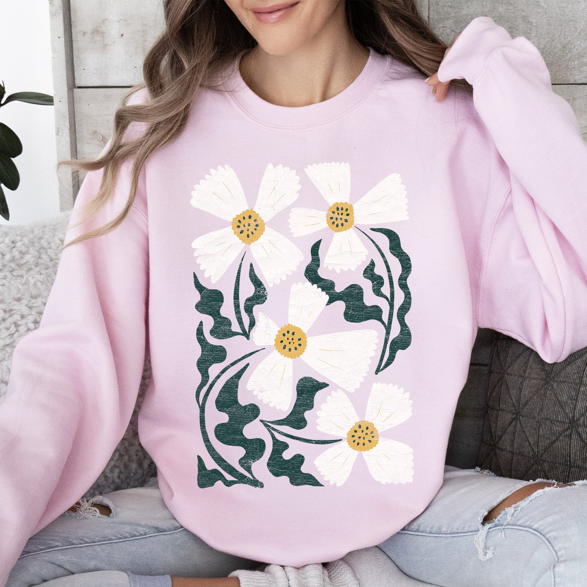 Boho Art Nouveau Flowers Bold Design Bohemian Floral Motif Intricate Linework Vintage Inspired Sweatshirt
