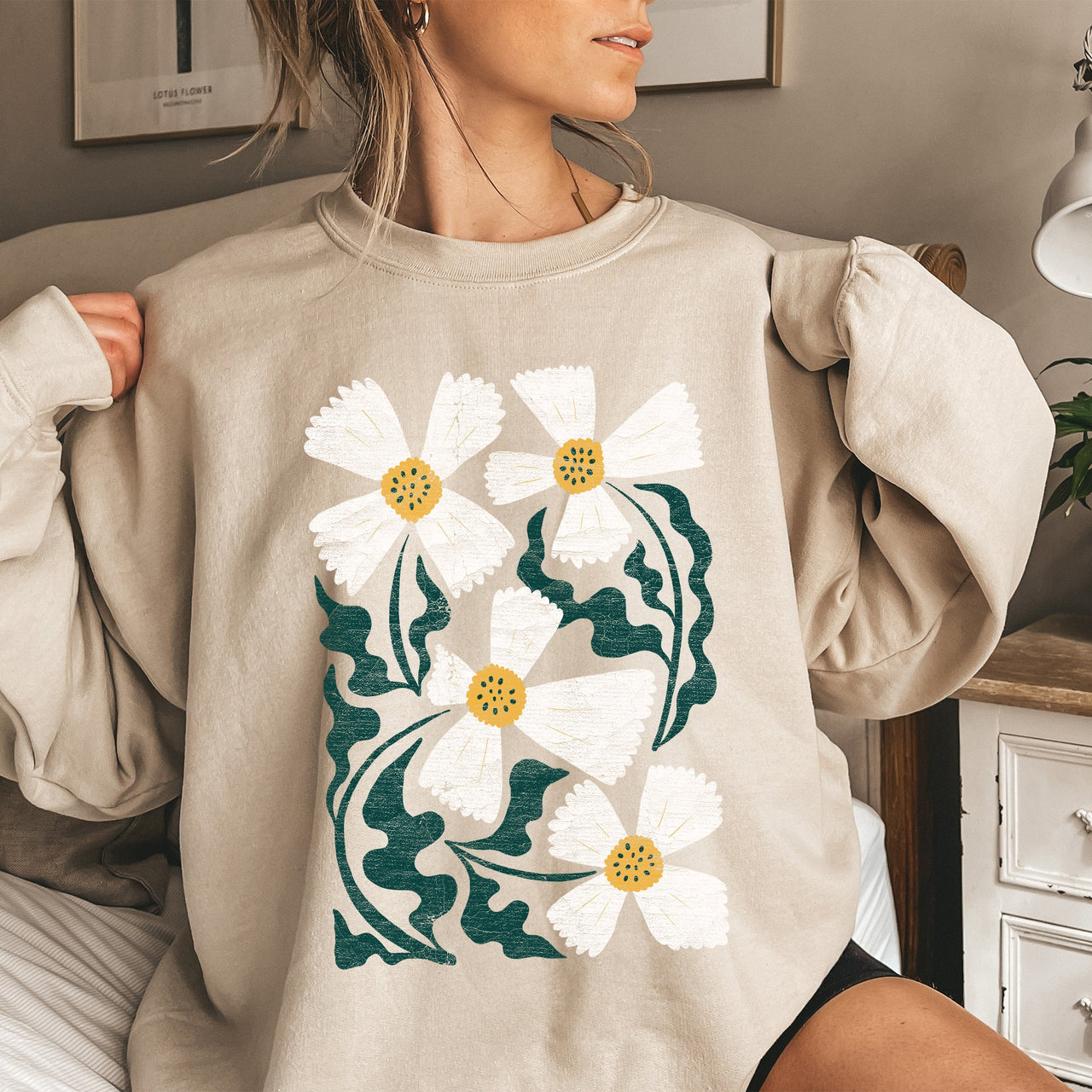 Boho Art Nouveau Flowers Bold Design Bohemian Floral Motif Intricate Linework Vintage Inspired Sweatshirt