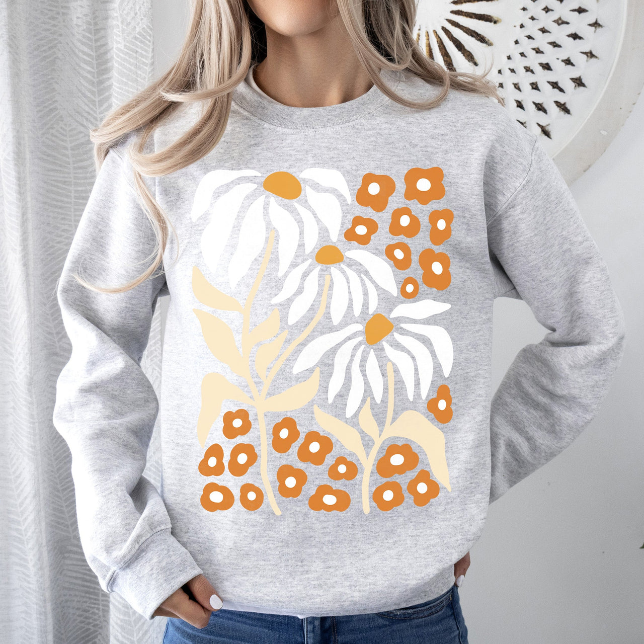 Boho Daisies, Boho Retro Floral Design Vintage Bohemian Blossom Pattern Sweatshirt