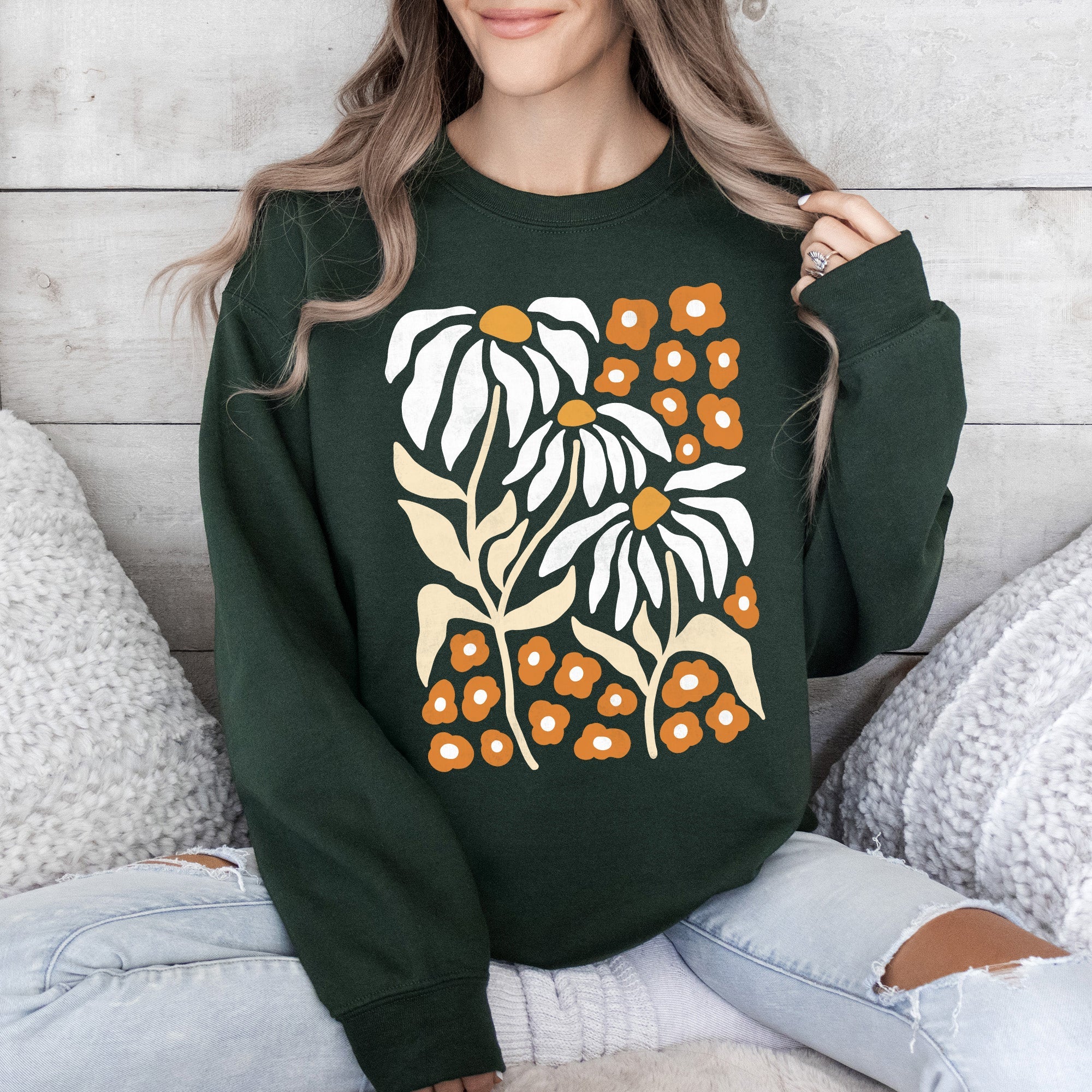 Boho Daisies, Boho Retro Floral Design Vintage Bohemian Blossom Pattern Sweatshirt